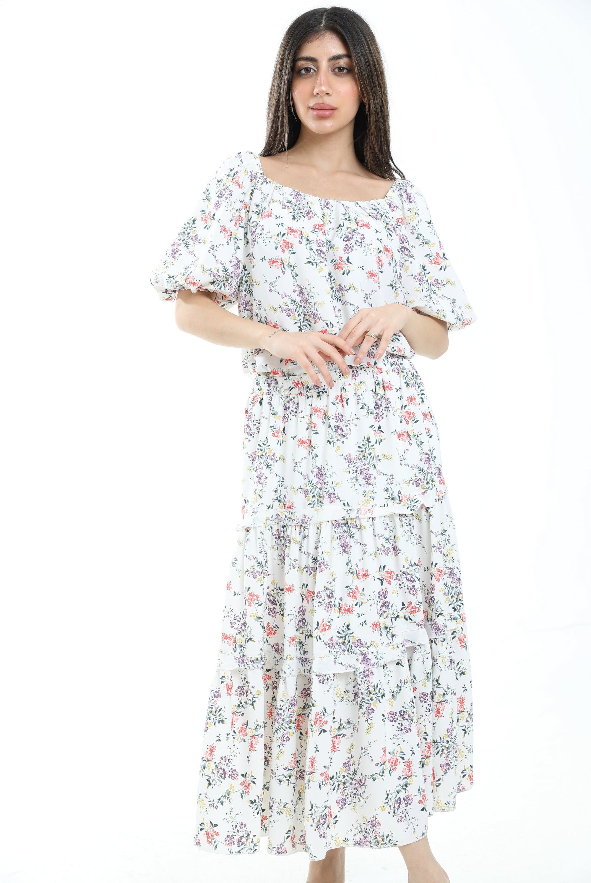 ميكا توب موردة نص كم بف بياقة مربعة نسائي