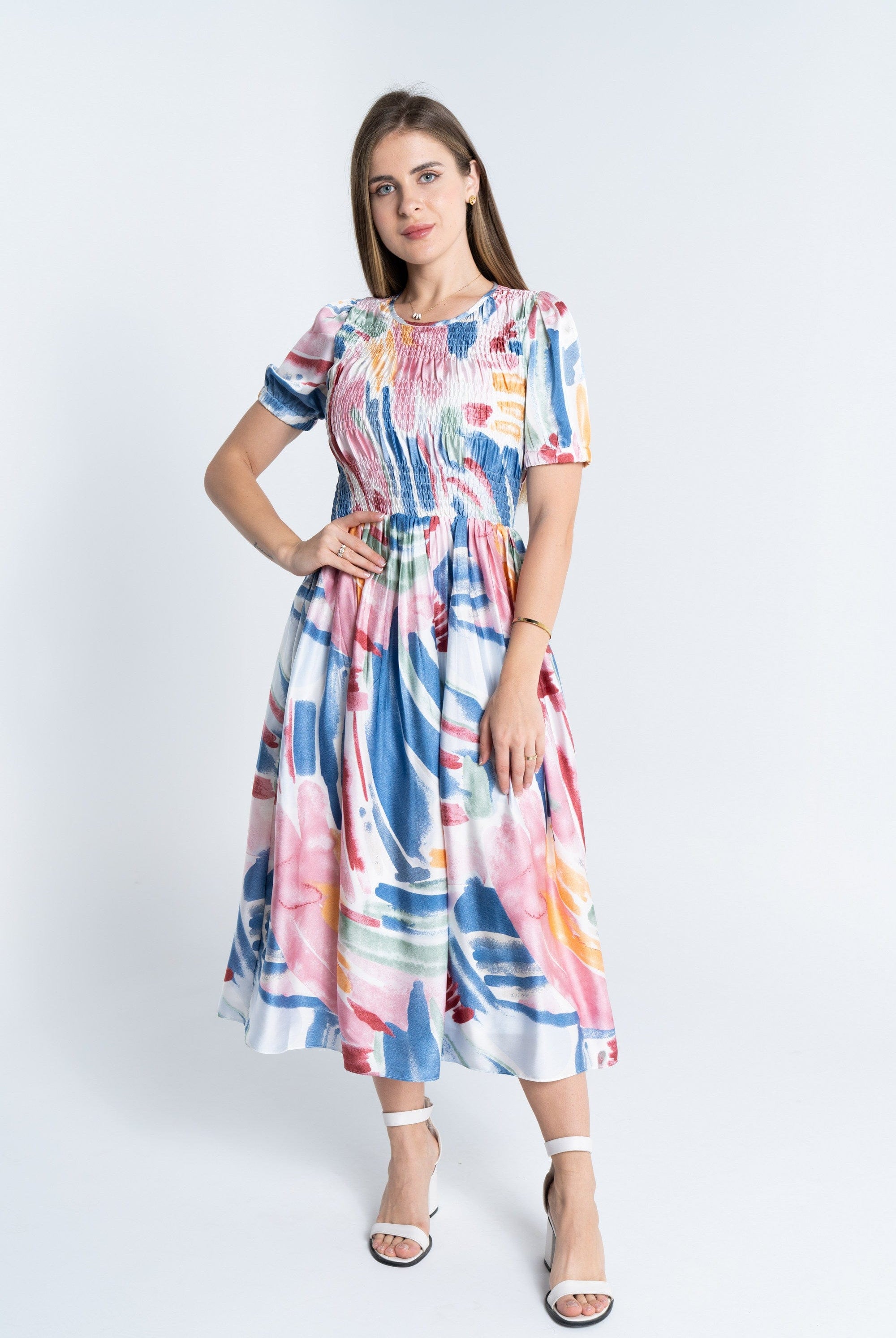 ميكا فستان ملون ضيق من أعلى كم قصير بف نسائي