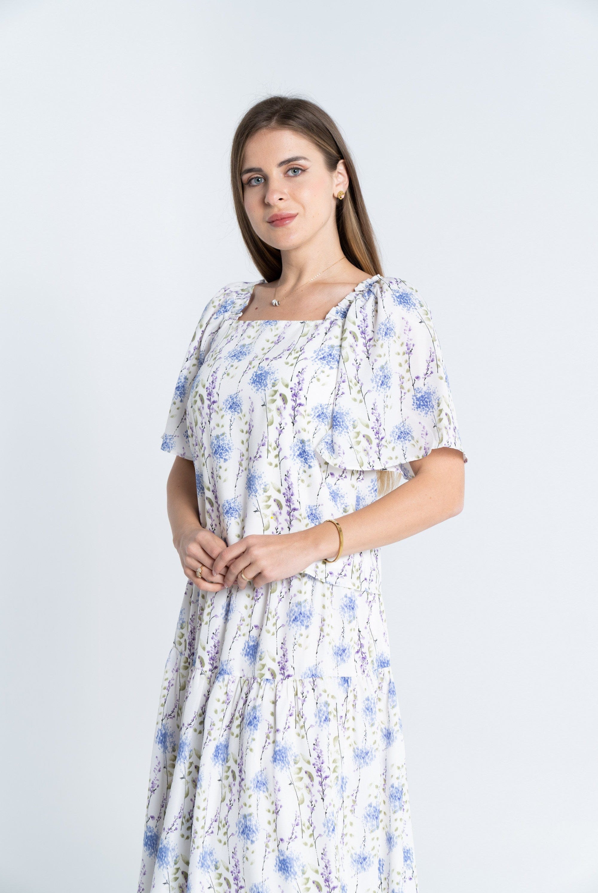 ميكا توب مشجر بياقة مربعة نص كم واسع نسائي