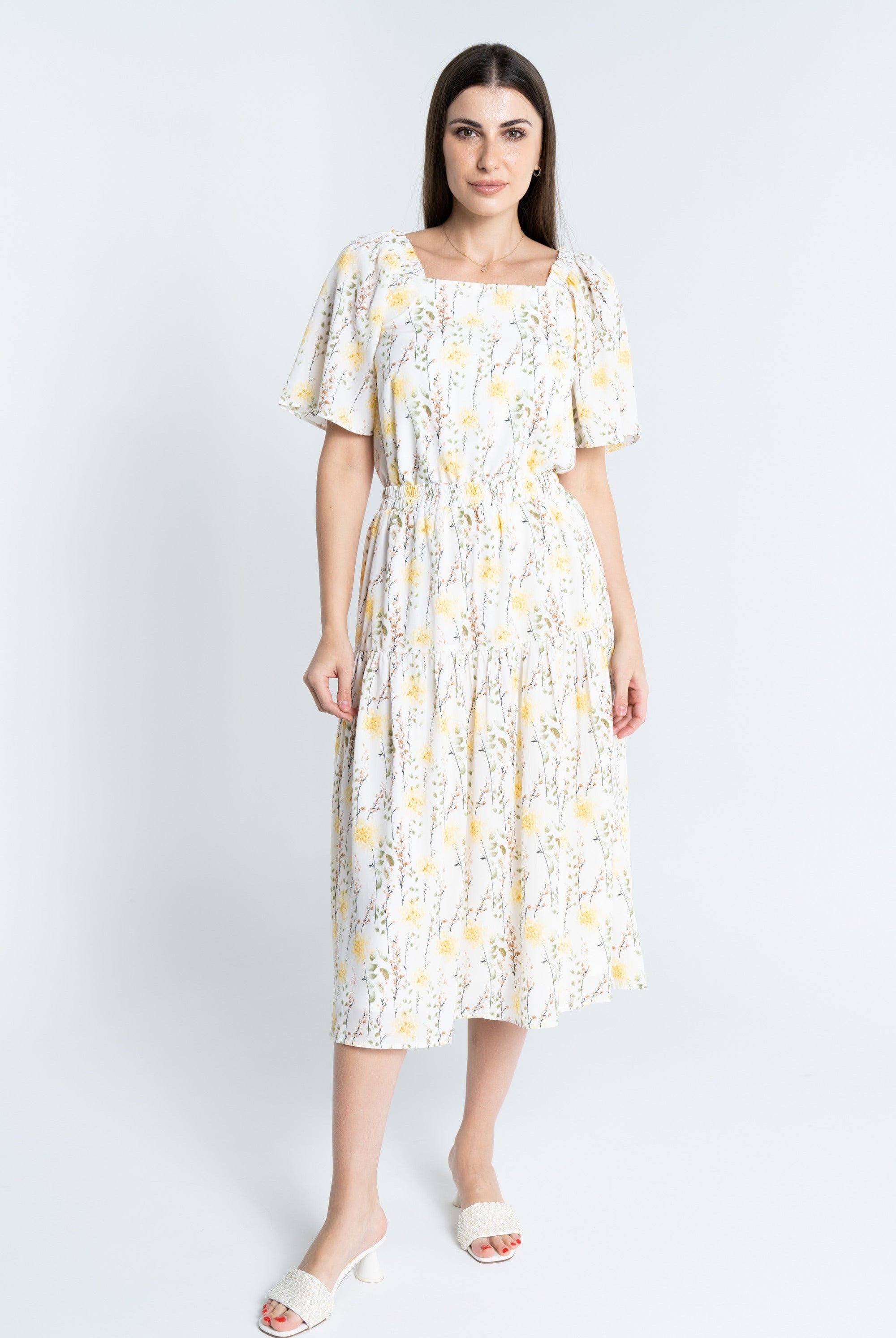 ميكا توب مشجر بياقة مربعة نص كم واسع نسائي