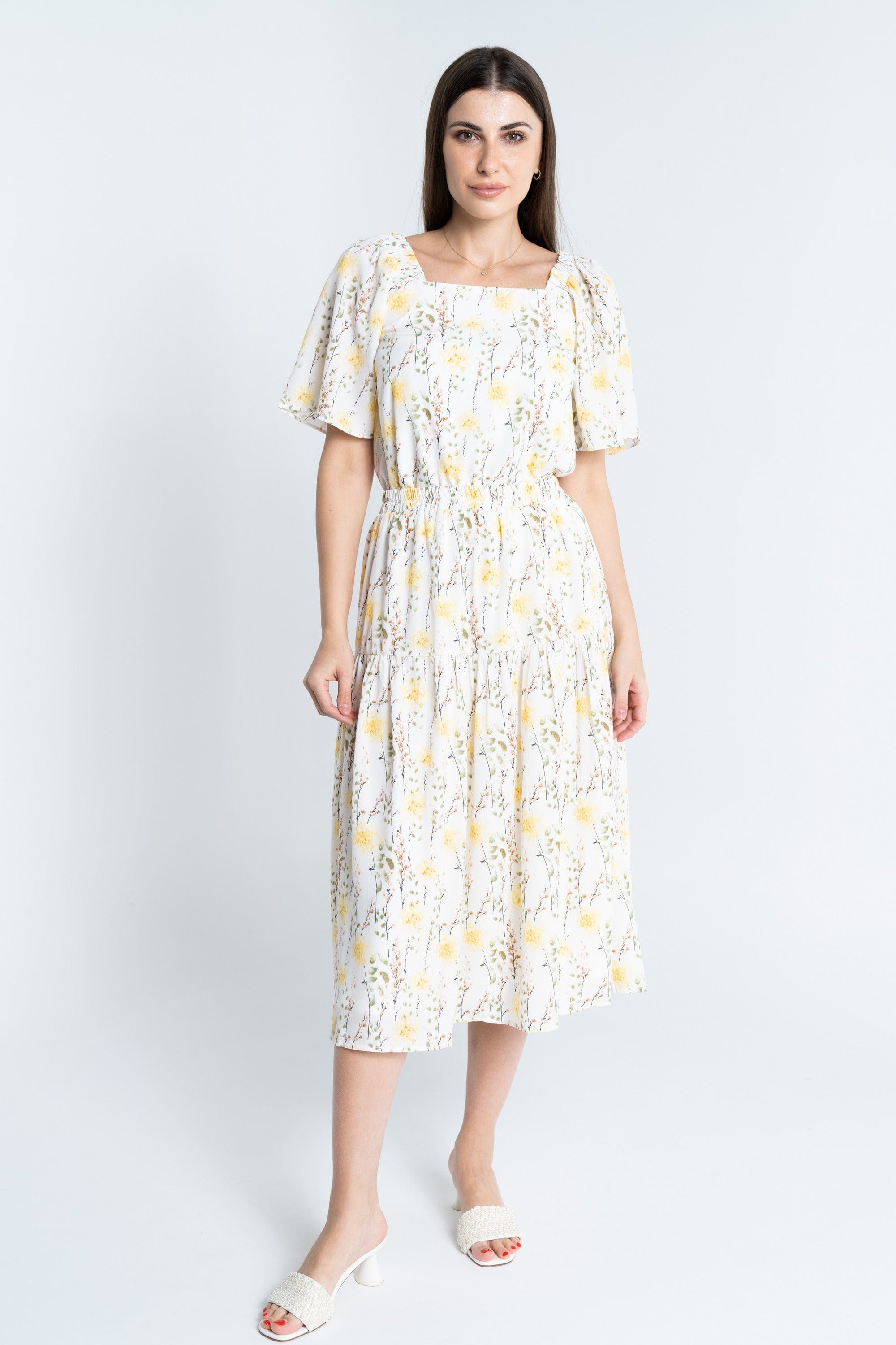 ميكا توب مشجر بياقة مربعة نص كم واسع نسائي