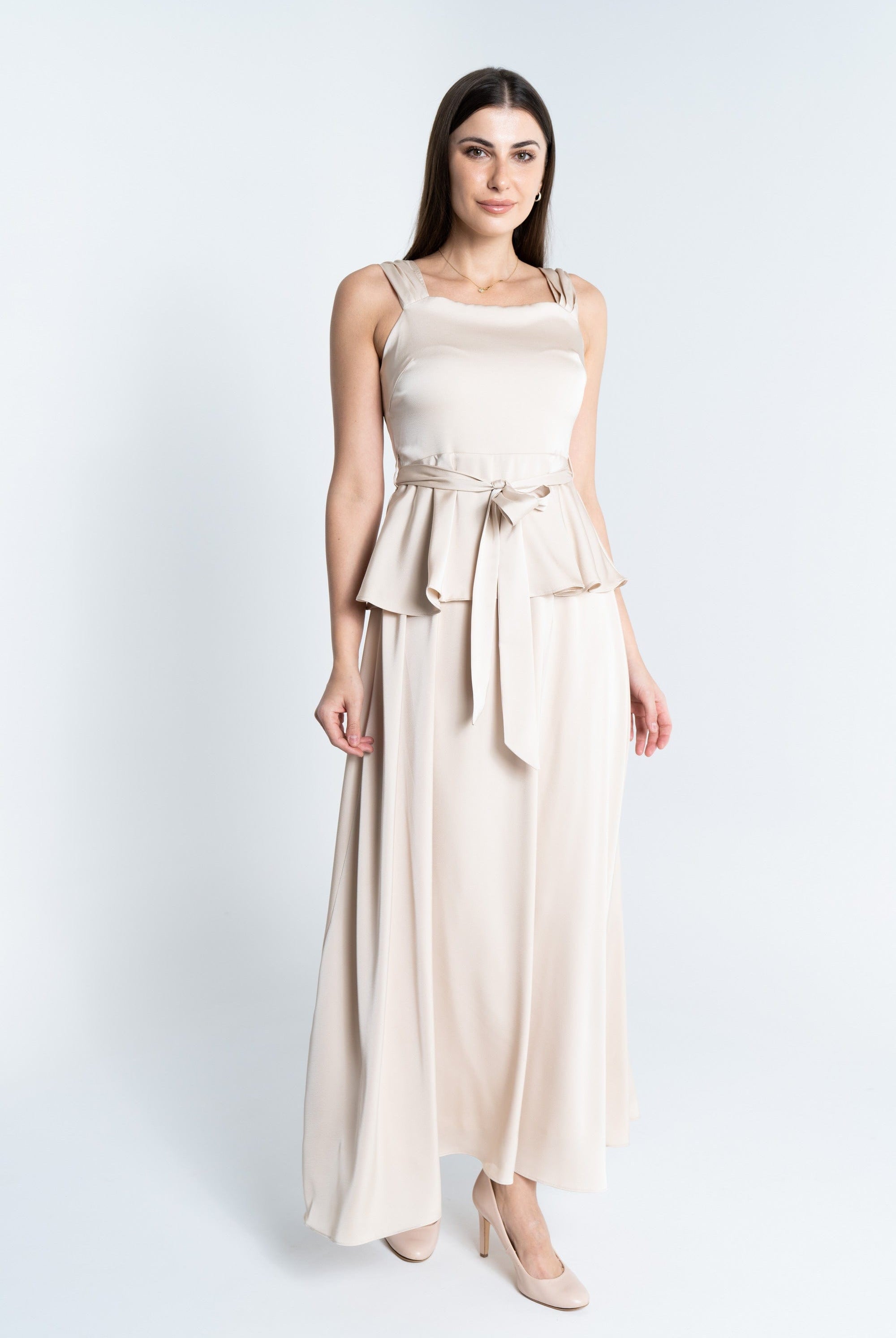 ميكا فستان ماكسي سادة بحمالات طبقتين مخصر بحزام على الخصر نسائي