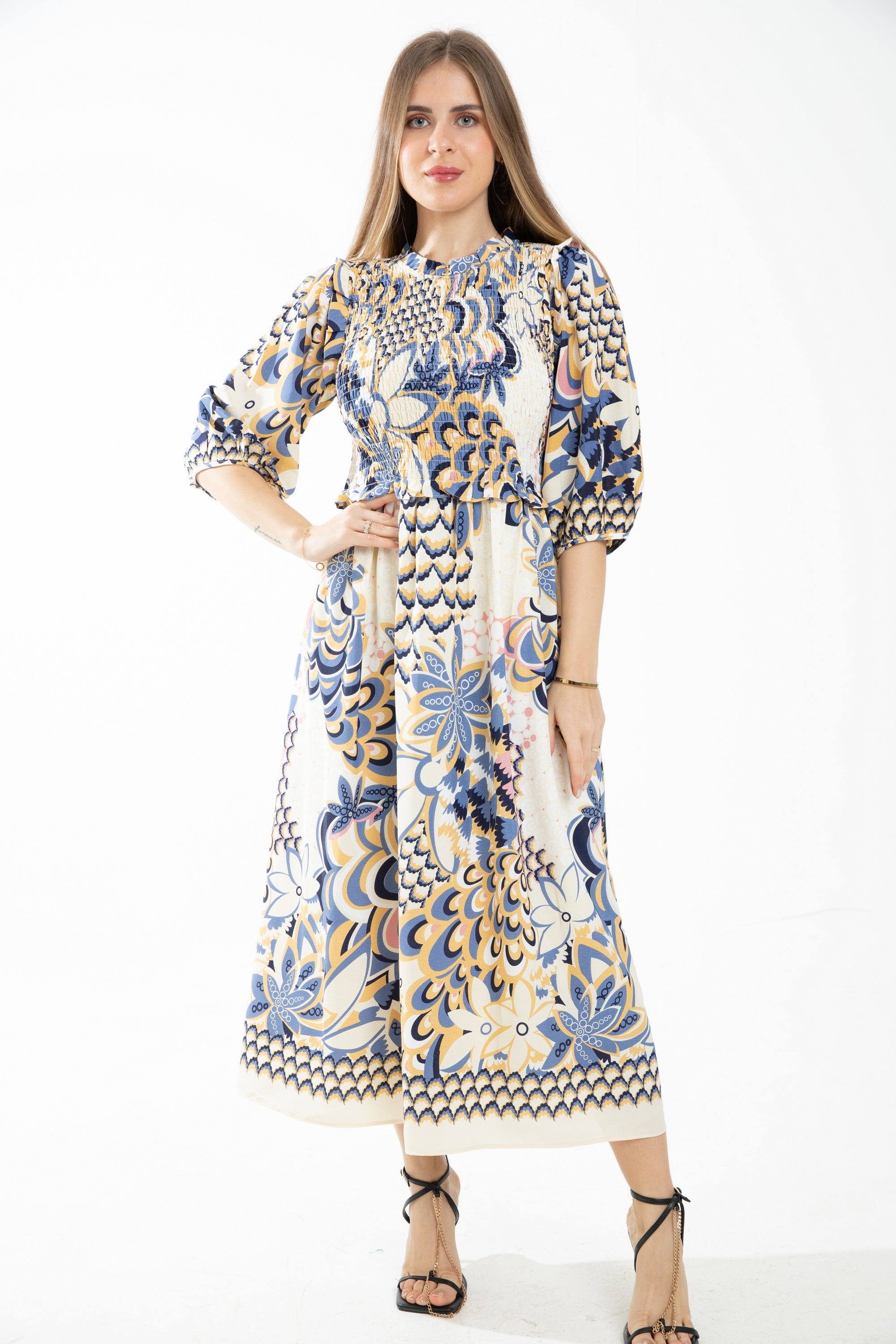 ميكا فستان ميدي بأكمام 3/4 مشجر بجزء مطاطي على الصدر