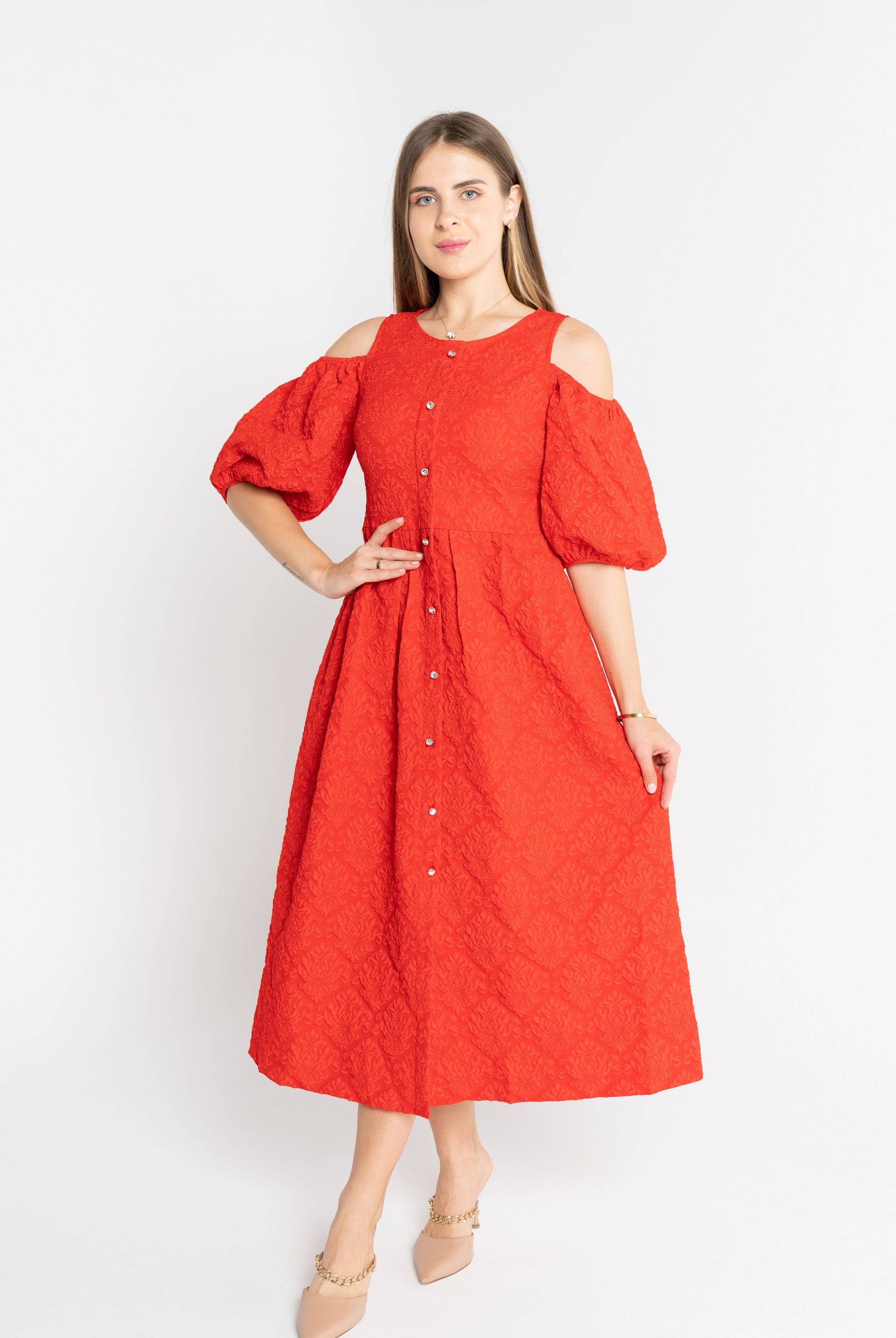 ميكا فستان قصير ميدي أوف شولدر بأزرار أمامية نسائي أحمر