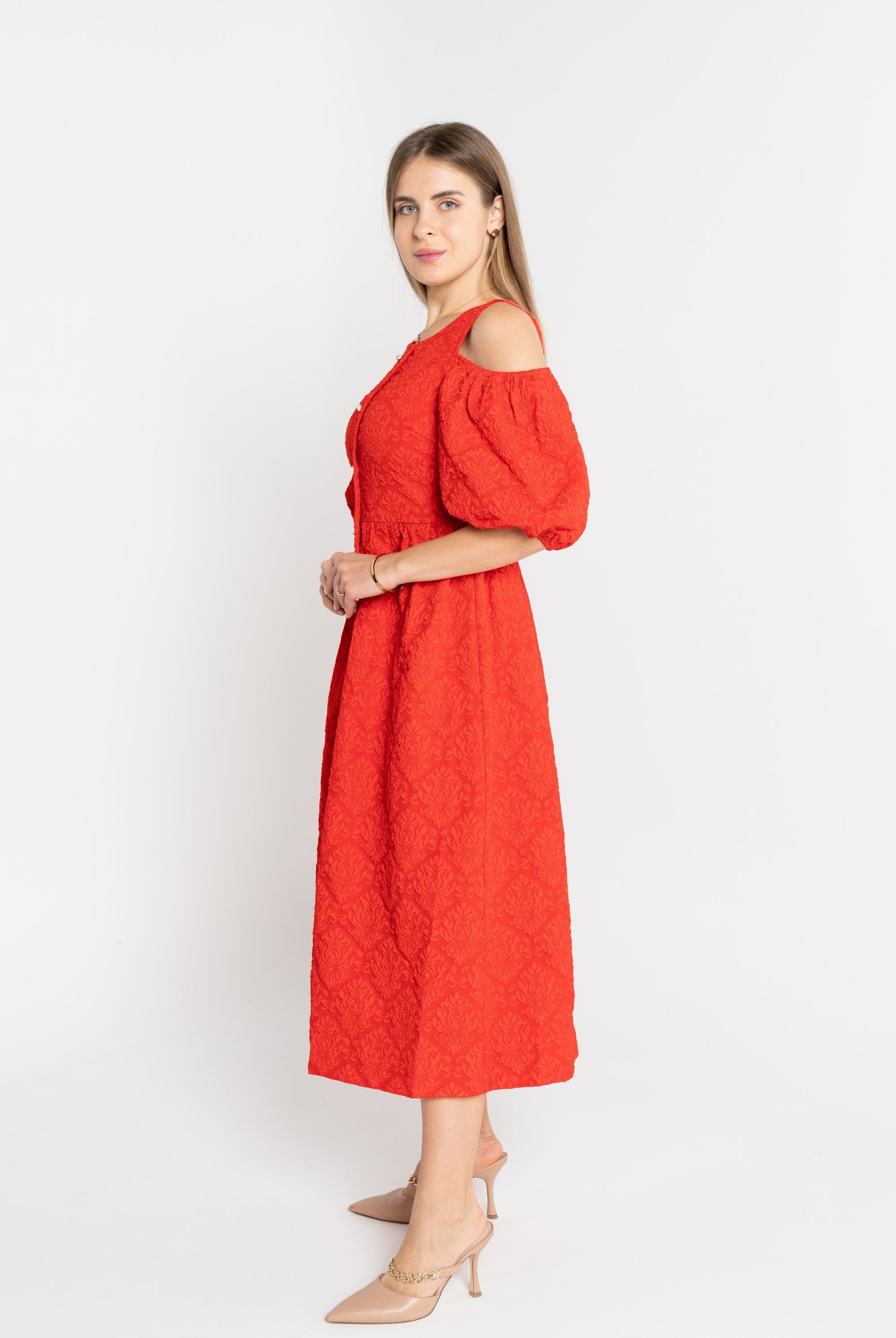 ميكا فستان قصير ميدي أوف شولدر بأزرار أمامية نسائي أحمر