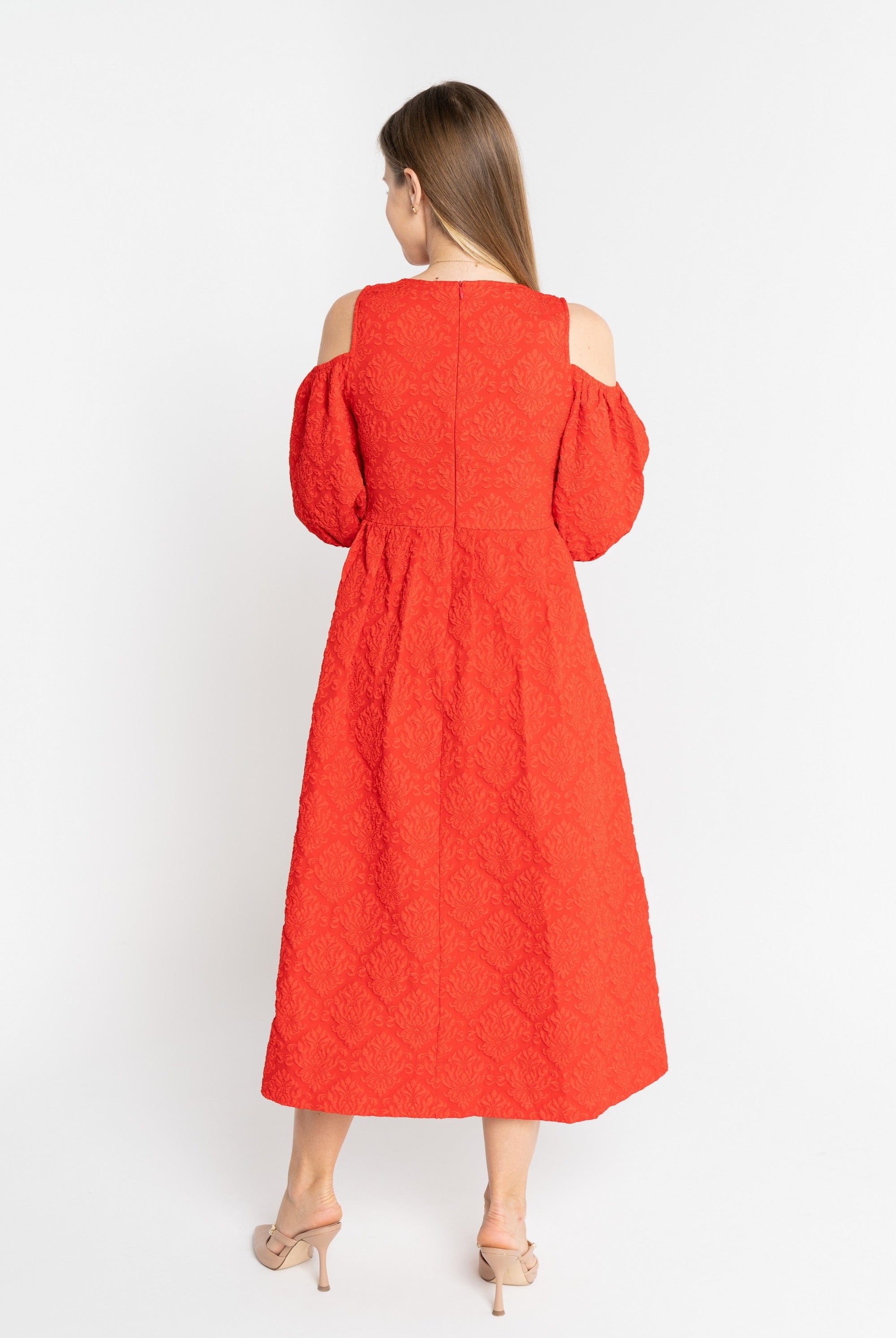 ميكا فستان قصير ميدي أوف شولدر بأزرار أمامية نسائي أحمر