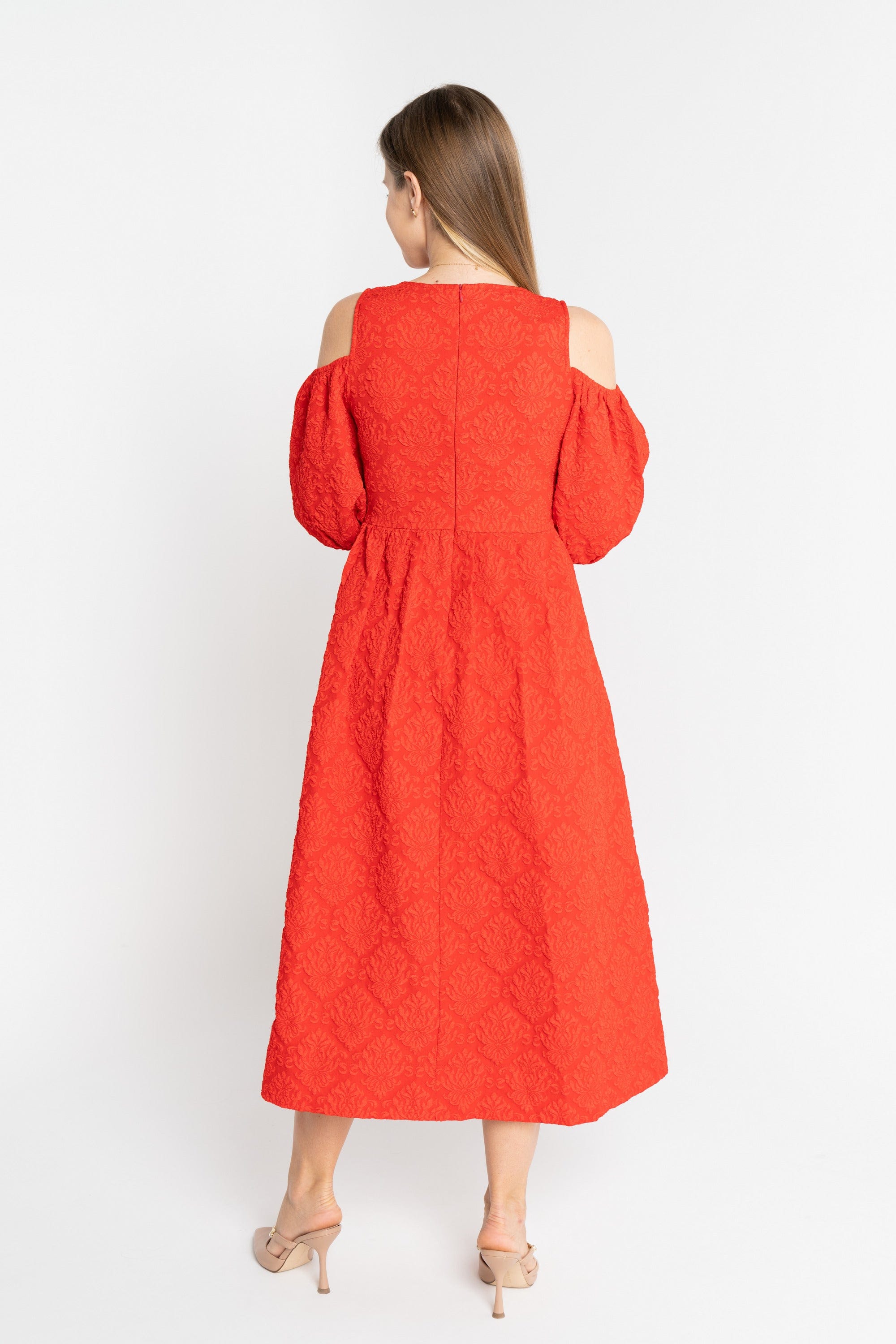 ميكا فستان قصير ميدي أوف شولدر بأزرار أمامية نسائي أحمر