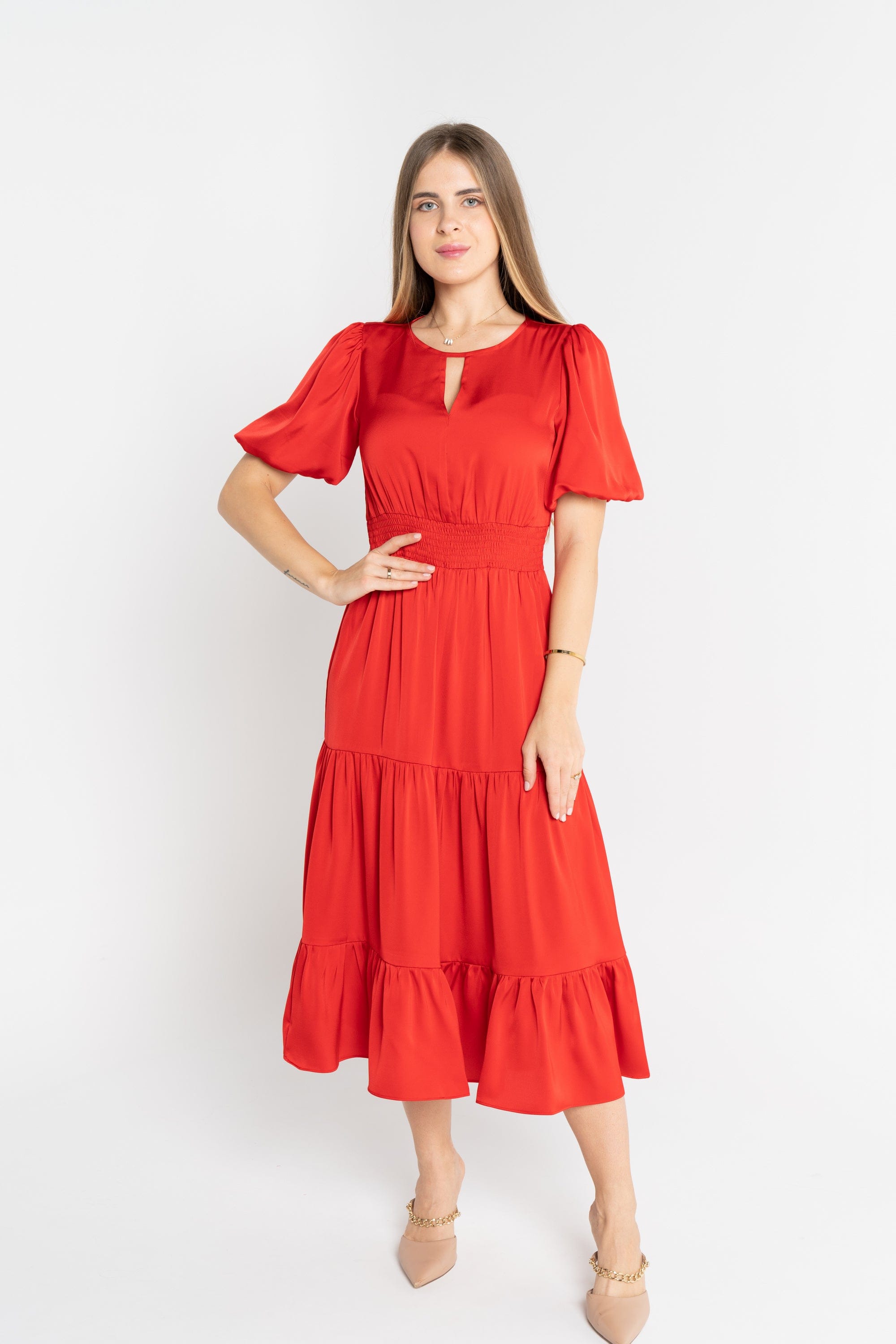 ميكا فستان ميدي سادة مخصر نص كم بف نسائي