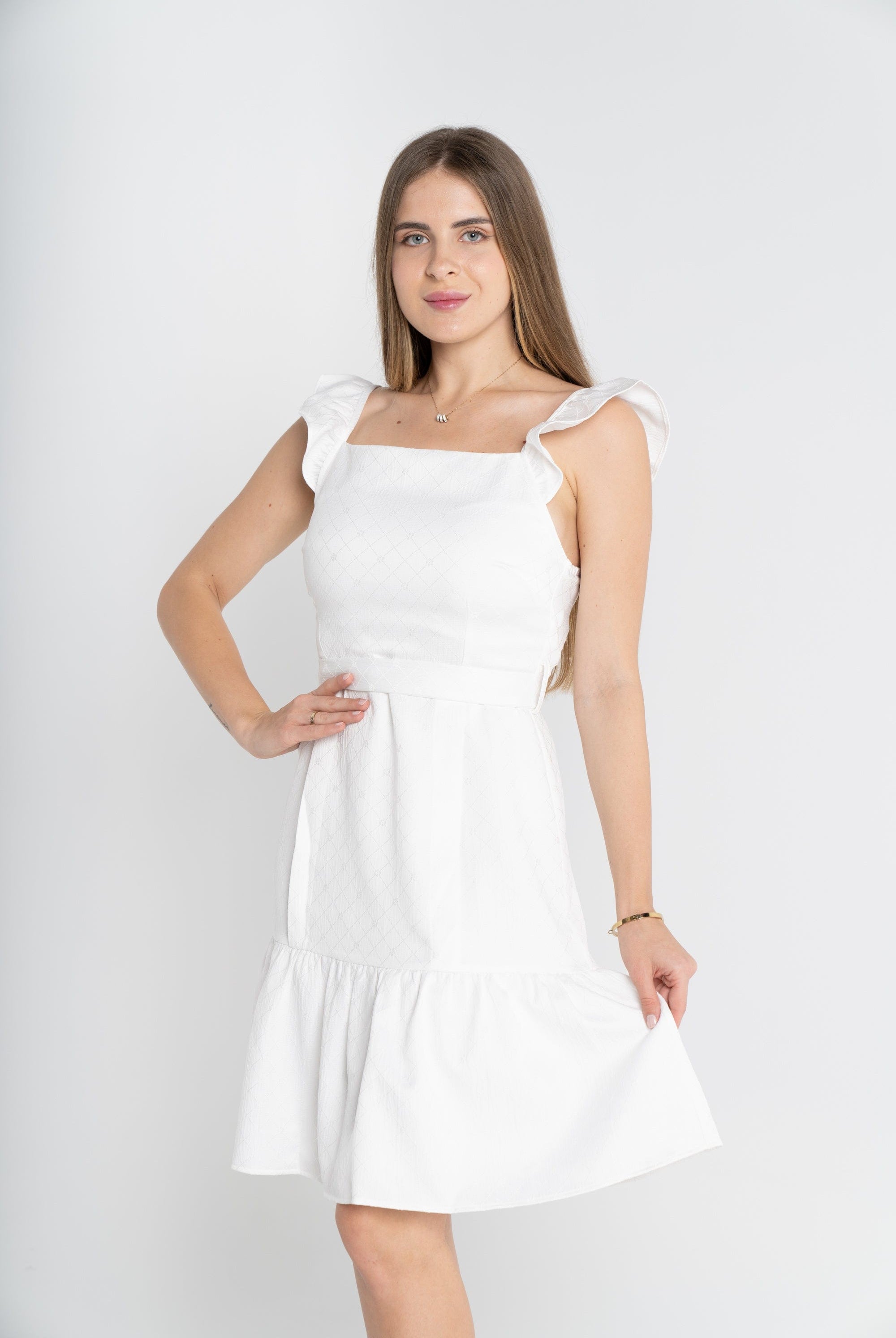 ميكا فستان قصير كت بياقة مربعة وحزام على الخصر نسائي