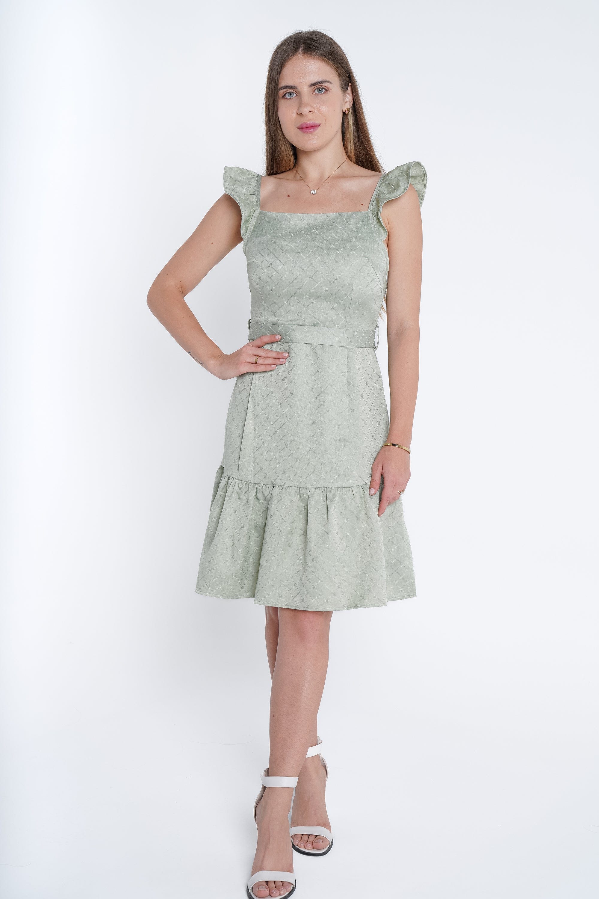 ميكا فستان قصير كت بياقة مربعة وحزام على الخصر نسائي