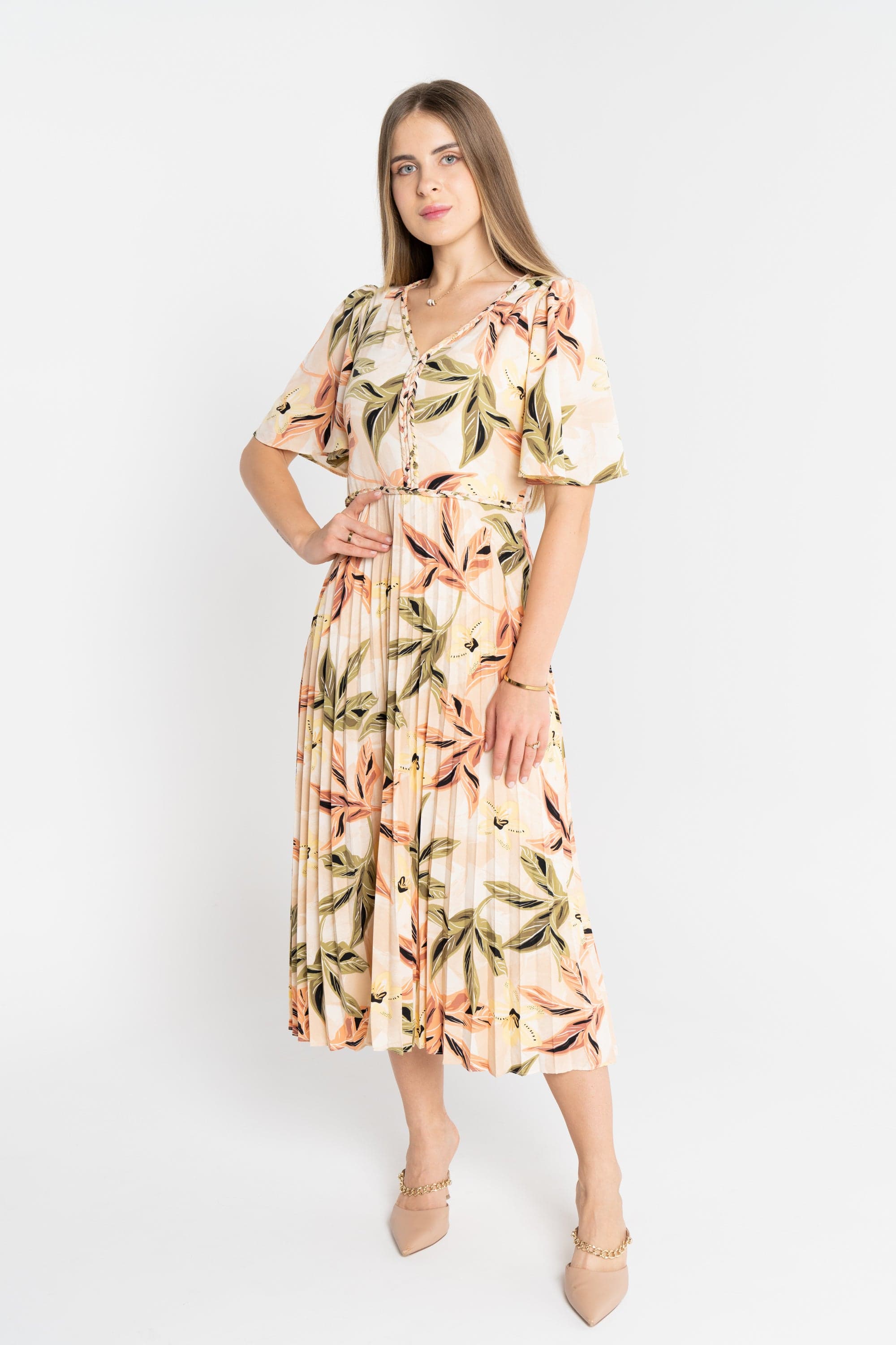 ميكا فستان ميدي مشجر بفتحة سبعة نص كم مفتوح نسائي