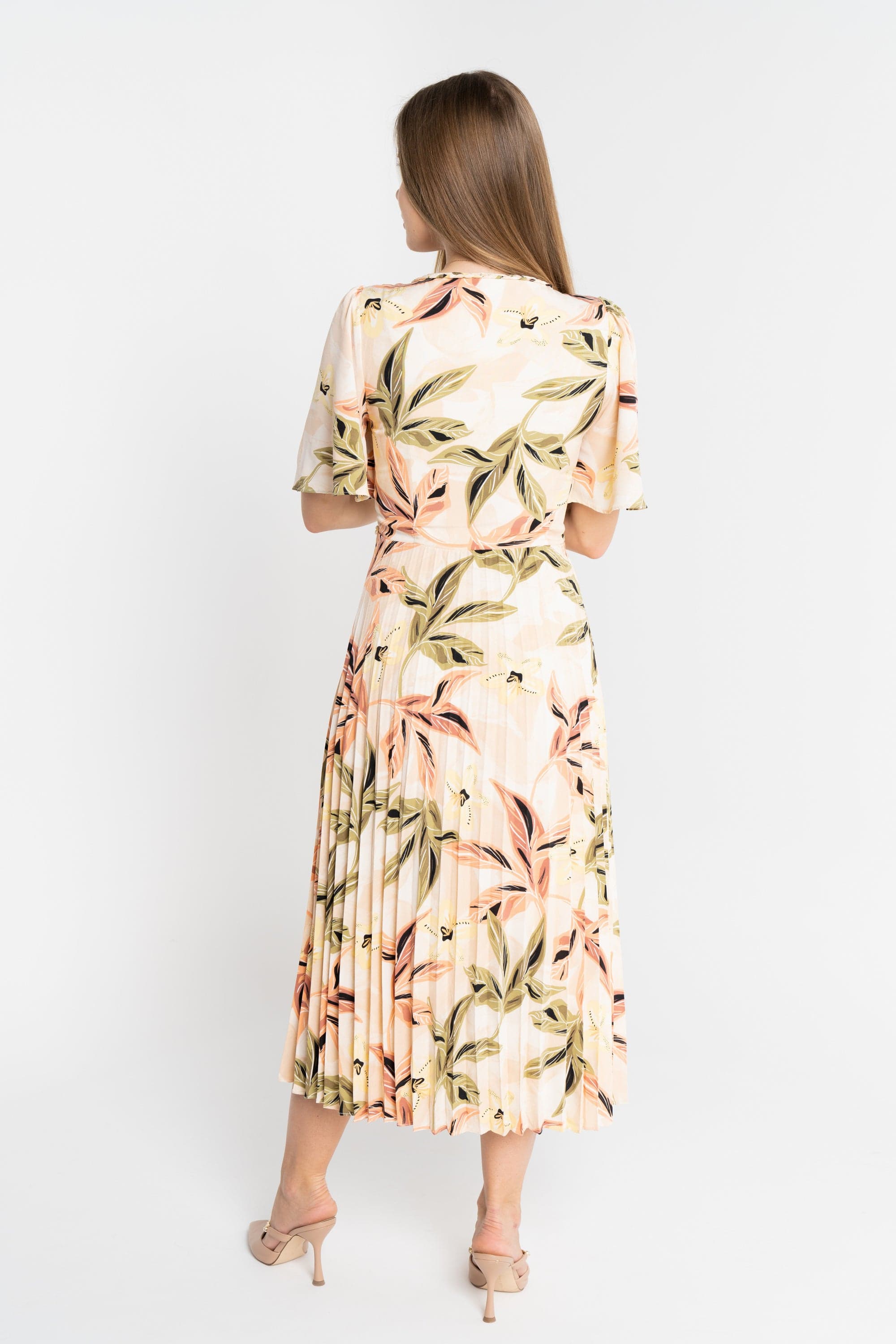 ميكا فستان ميدي مشجر بفتحة سبعة نص كم مفتوح نسائي