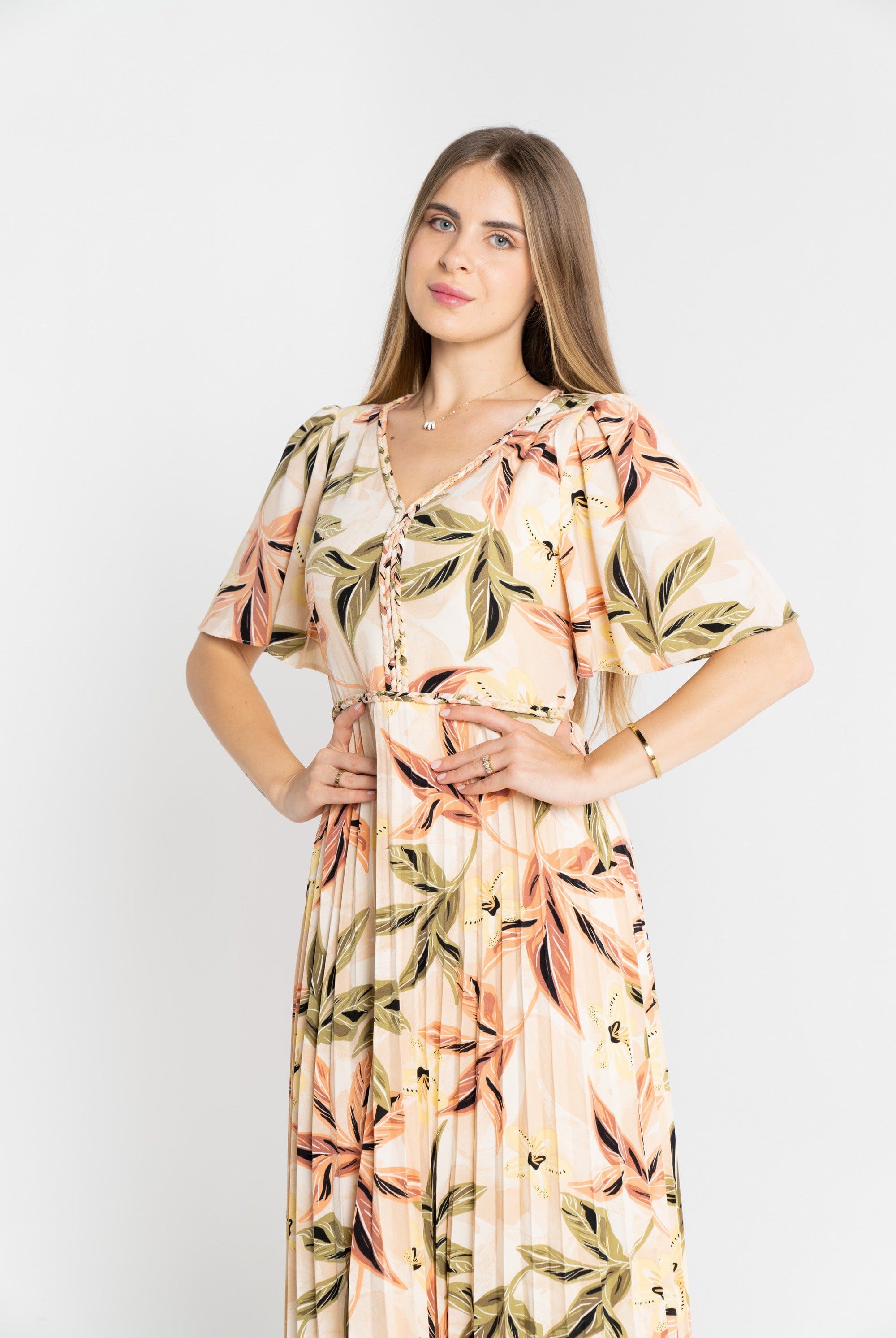 ميكا فستان ميدي مشجر بفتحة سبعة نص كم مفتوح نسائي