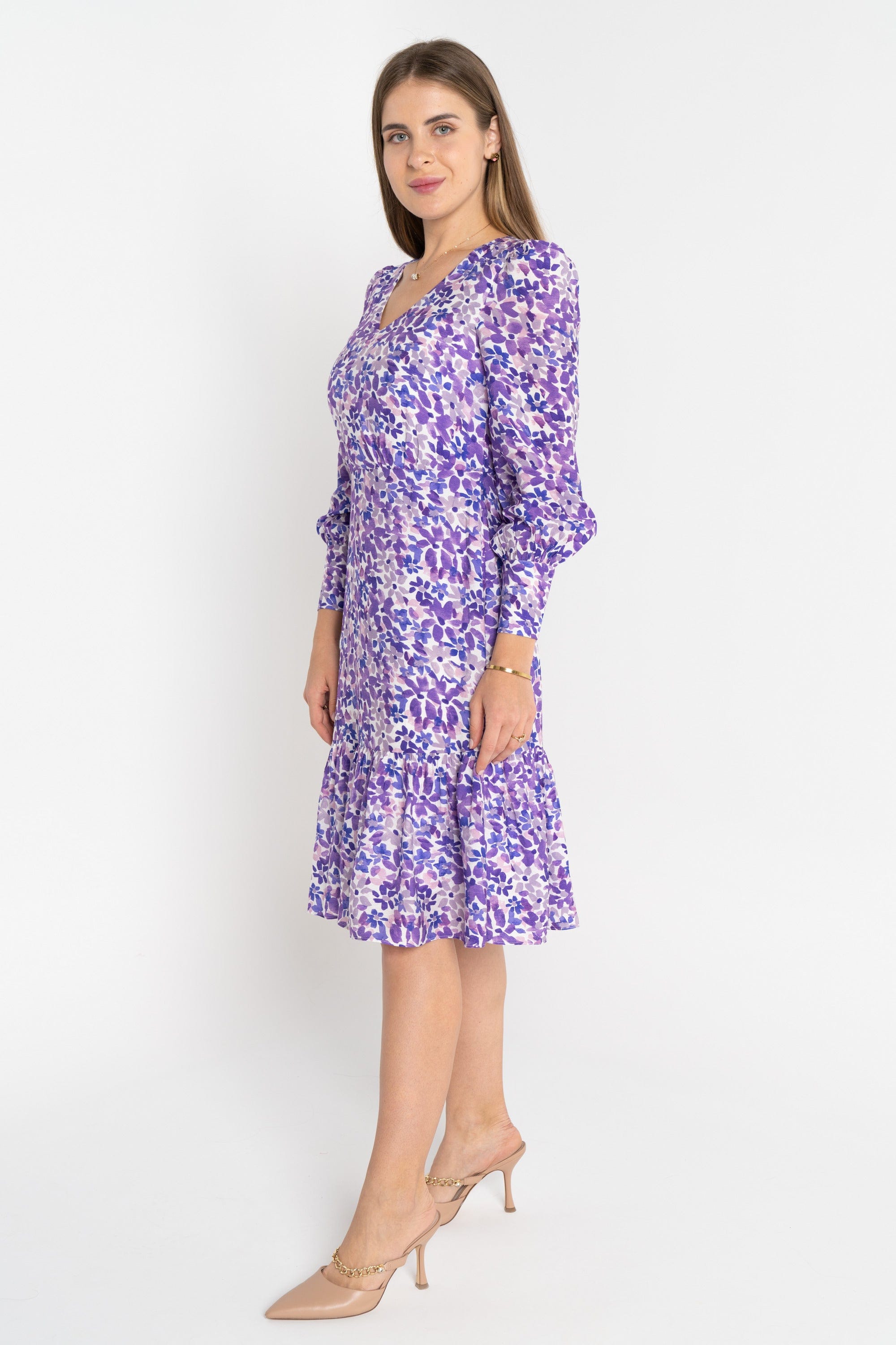 ميكا فستان منقوش مخصر بفتحة سبعة قصير كم طويل