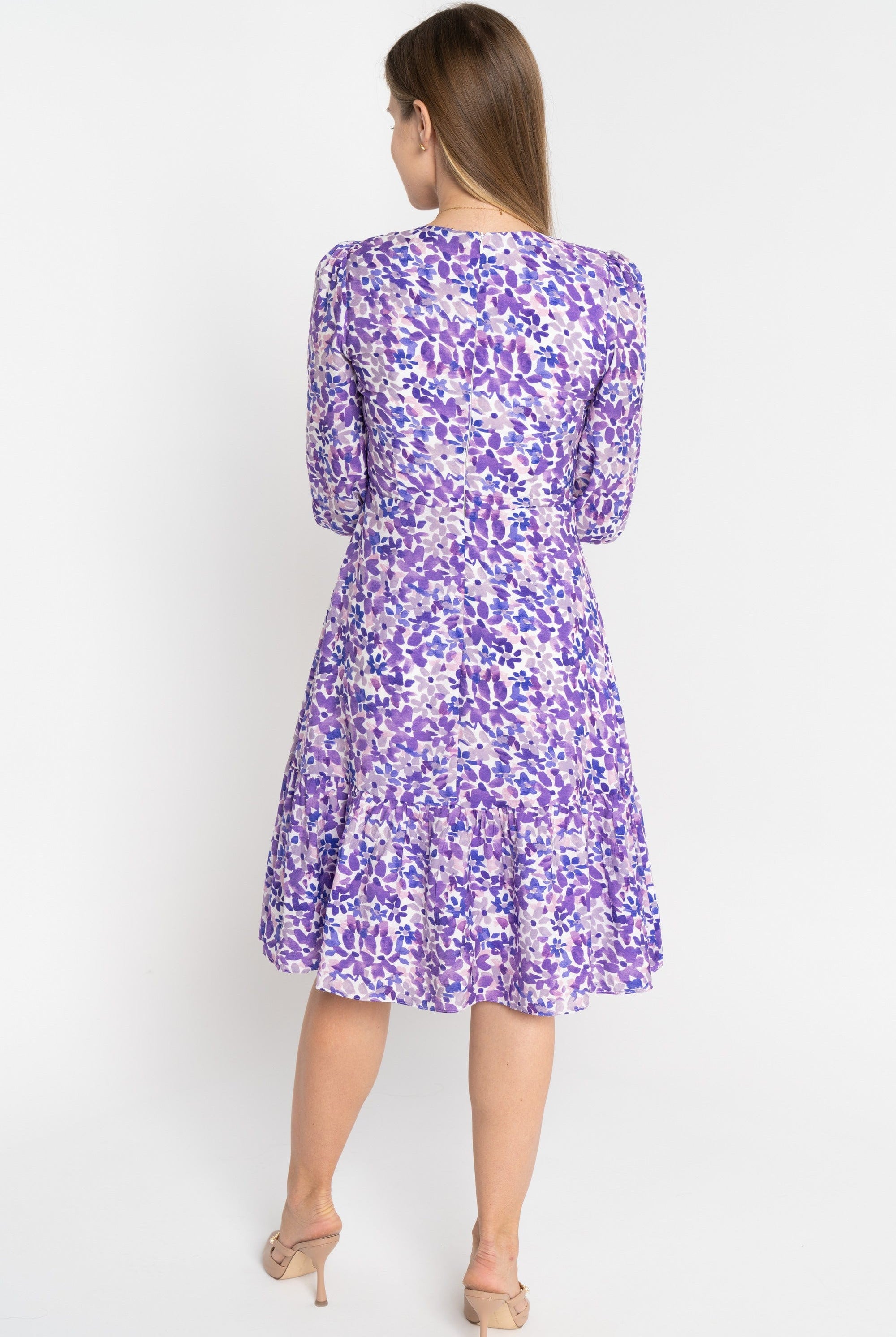 ميكا فستان منقوش مخصر بفتحة سبعة قصير كم طويل