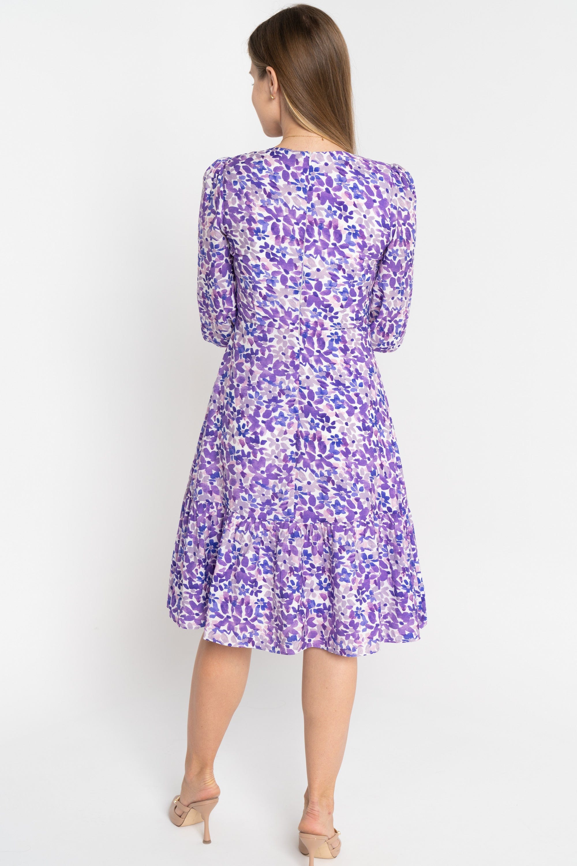 ميكا فستان منقوش مخصر بفتحة سبعة قصير كم طويل