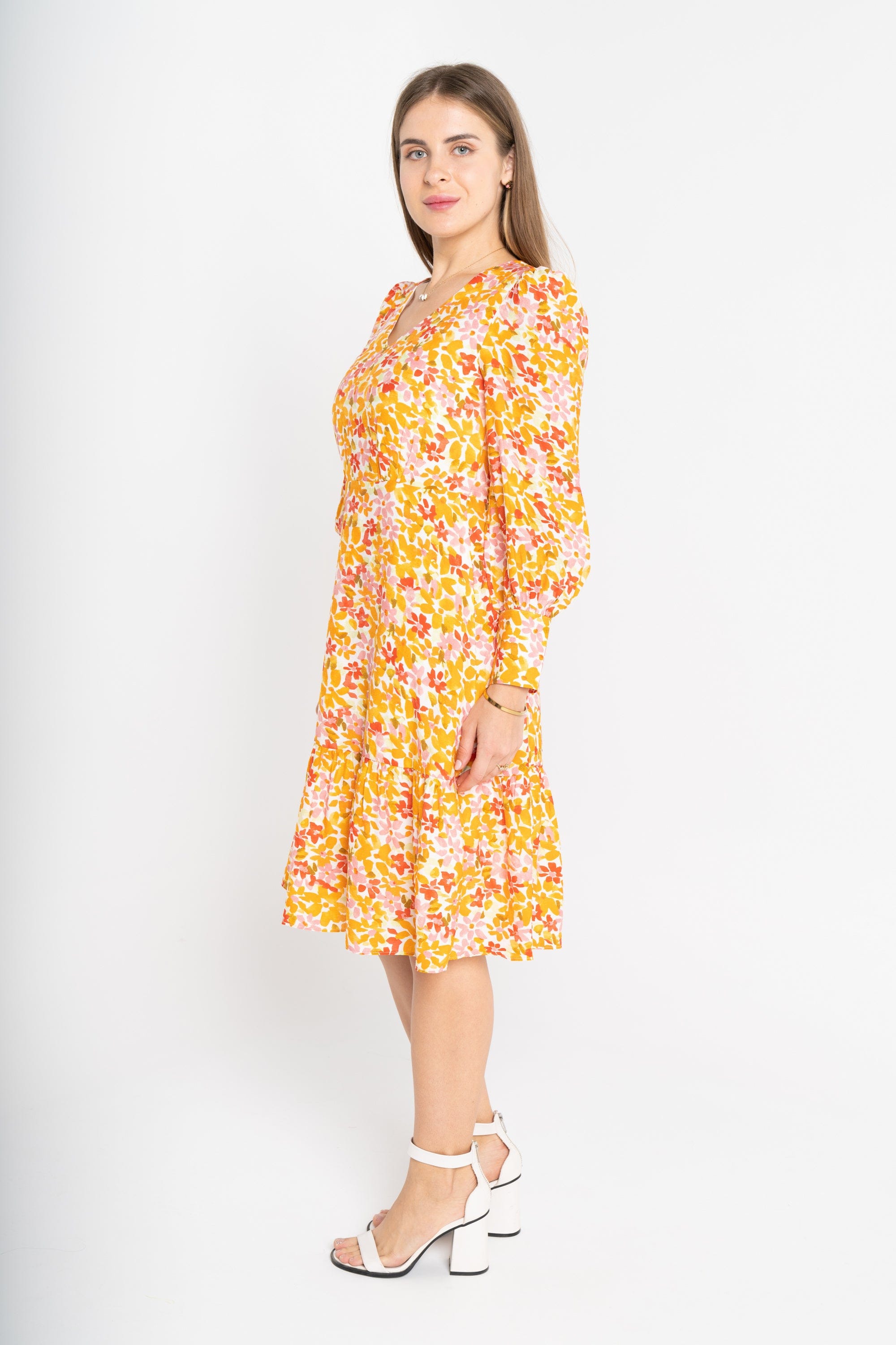 ميكا فستان منقوش مخصر بفتحة سبعة قصير كم طويل