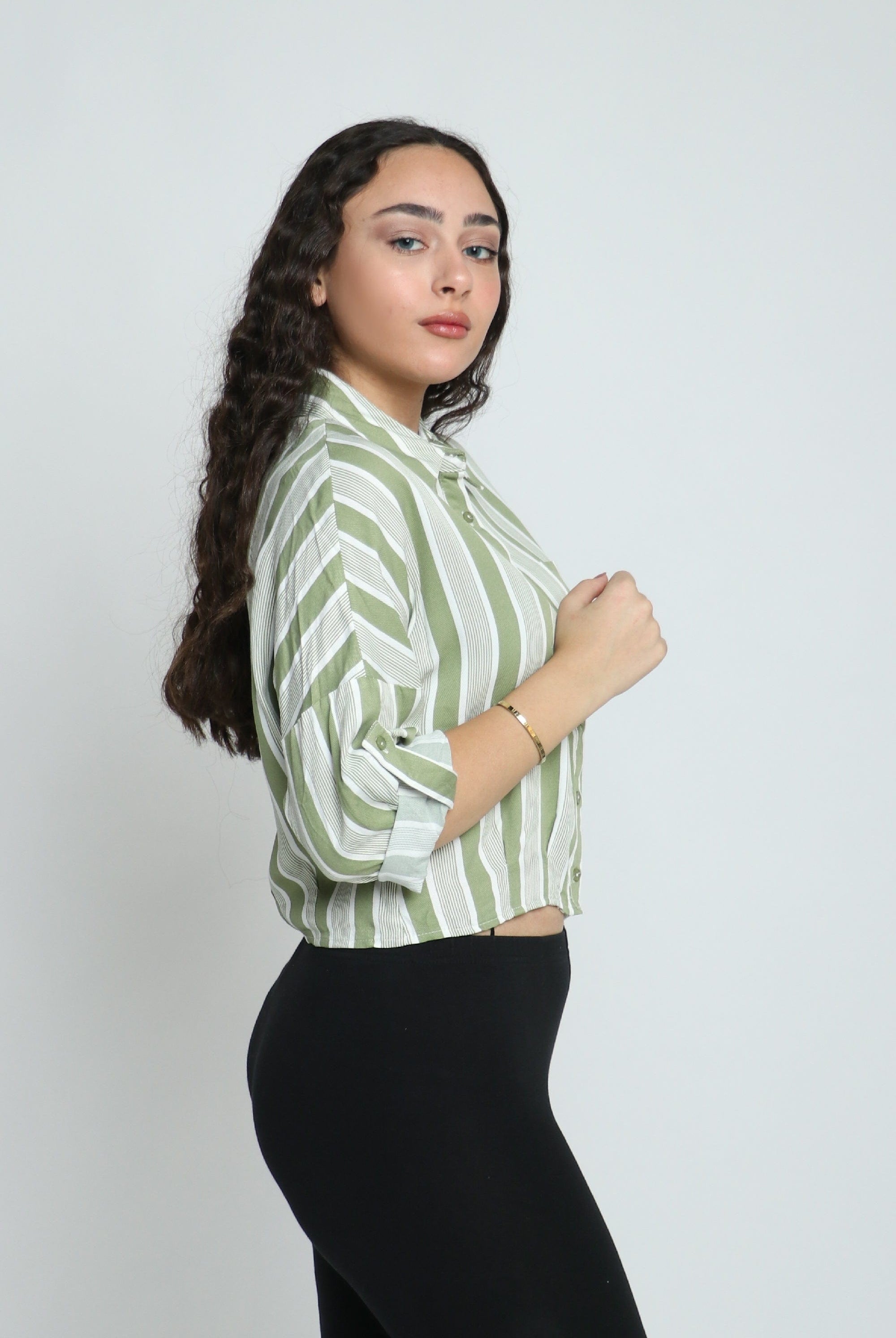 ميكا قميص فسكوز مقلم بجيب كم طويل نسائي