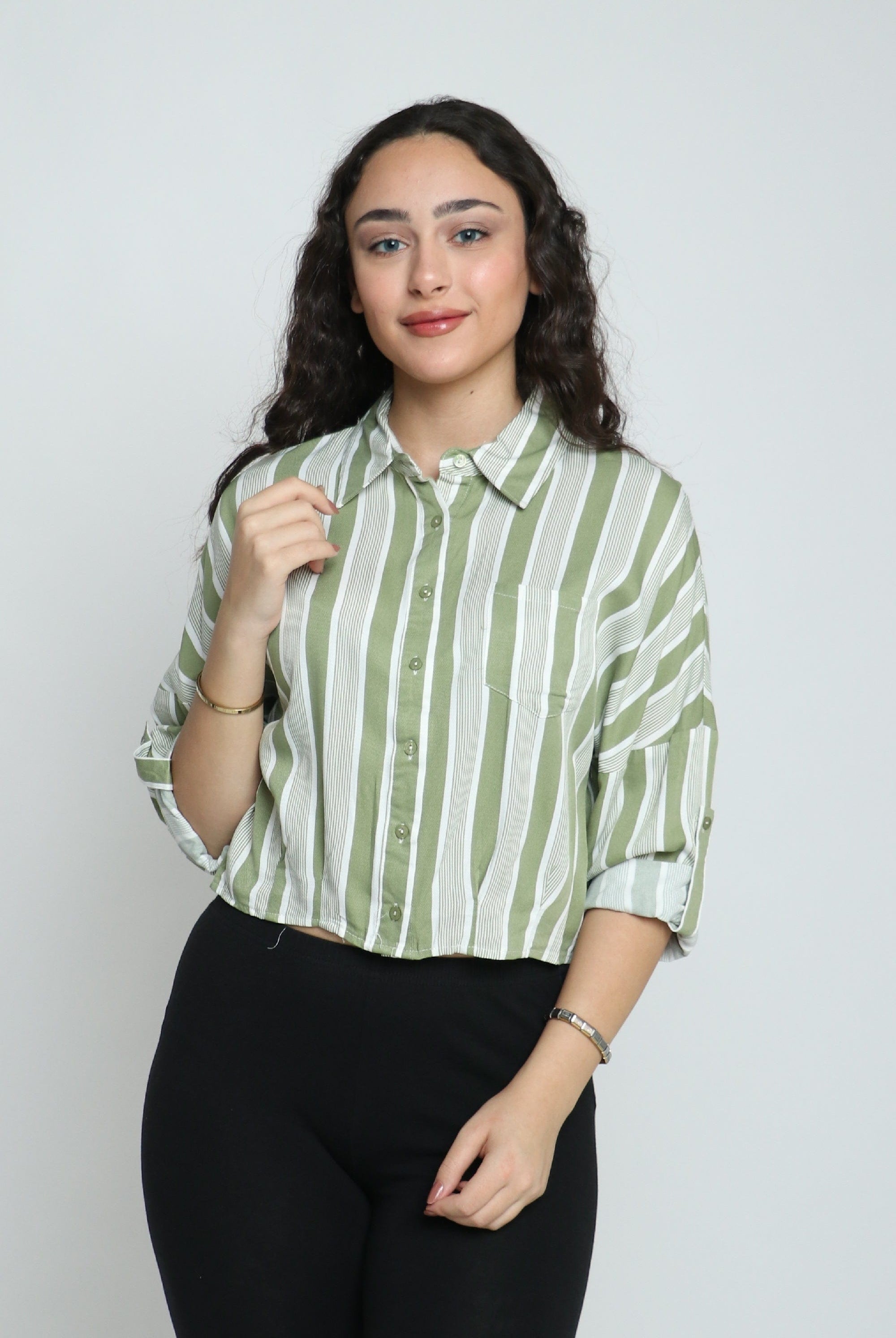 ميكا قميص فسكوز مقلم بجيب كم طويل نسائي