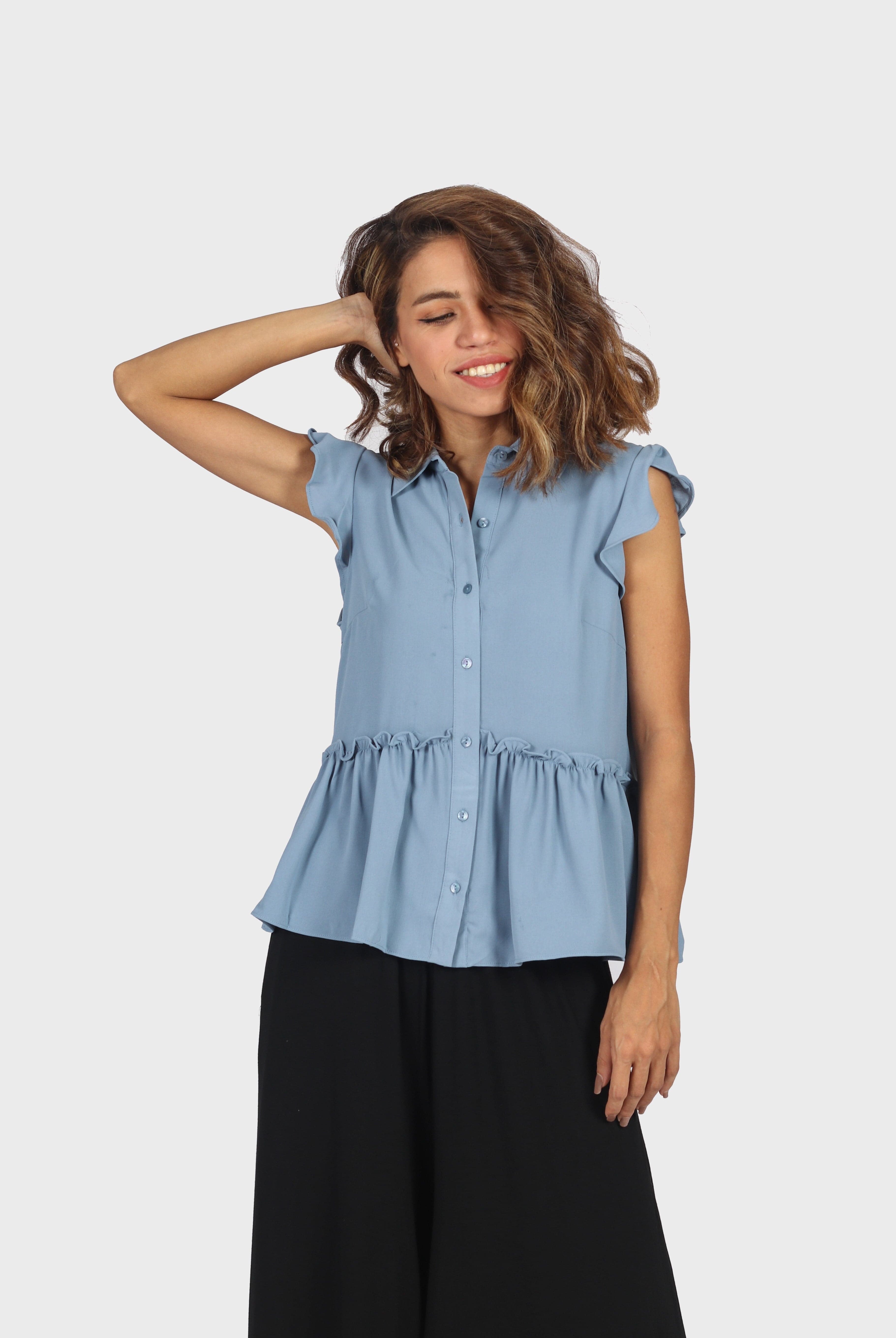 ميكا قميص بأكمام قصيرة فراشة بأزرار أمامية