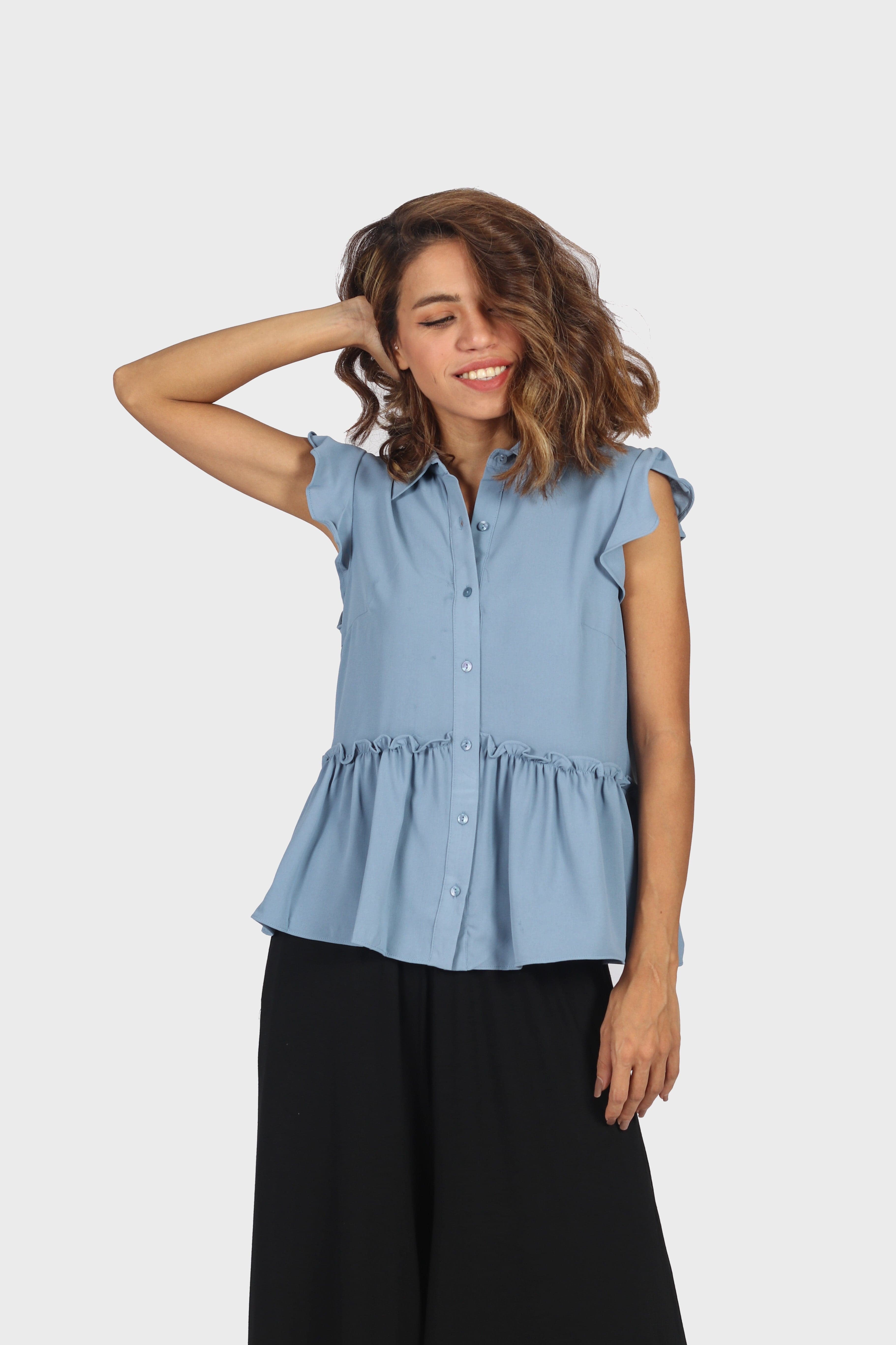 ميكا قميص بأكمام قصيرة فراشة بأزرار أمامية