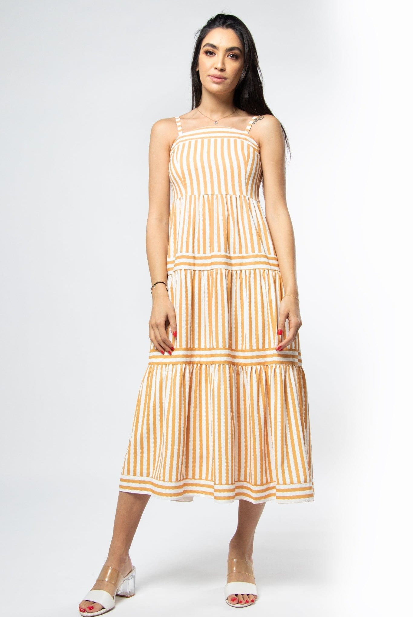 ميكا فستان ميدي بدون أكمام مقلم بالطول بحمالات