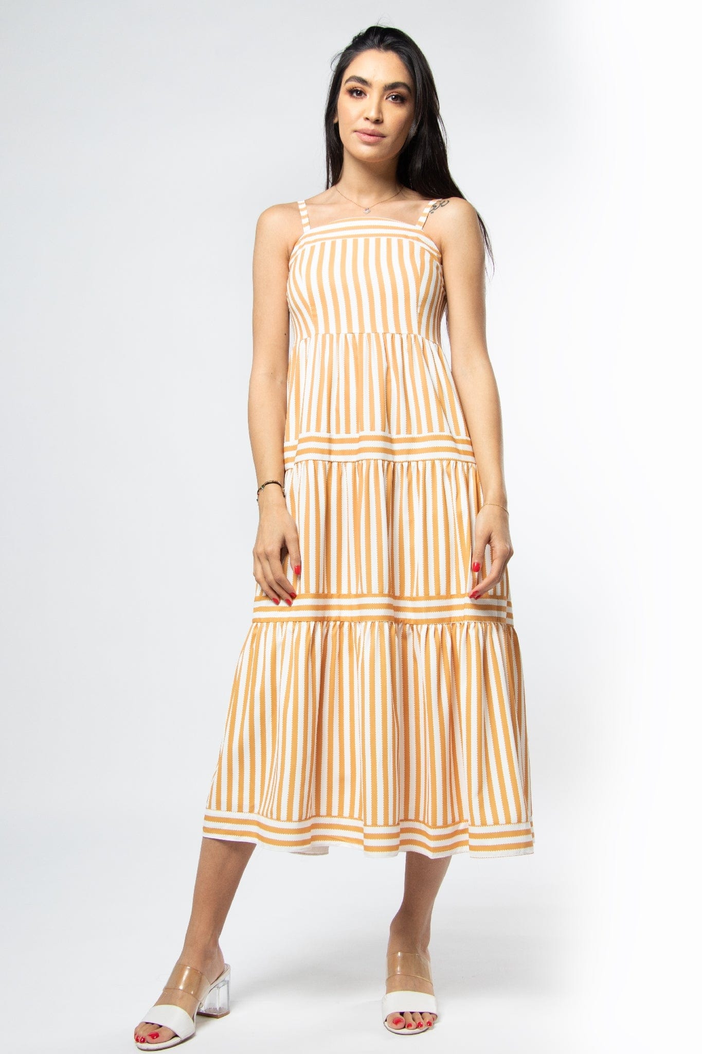 ميكا فستان ميدي بدون أكمام مقلم بالطول بحمالات