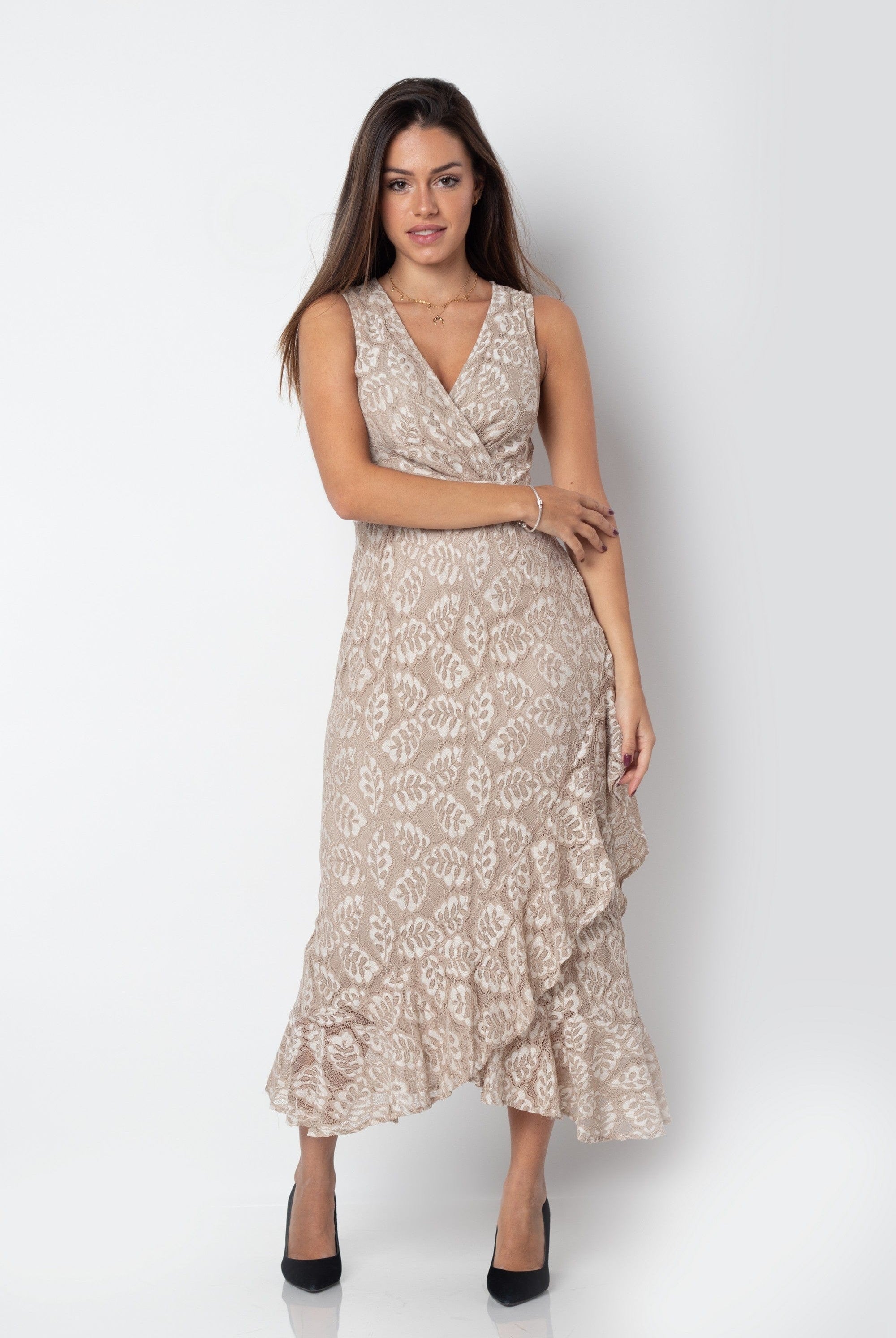 ميكا فستان ميدي ملفوف منقوش بفتحة صدر v بدون كم