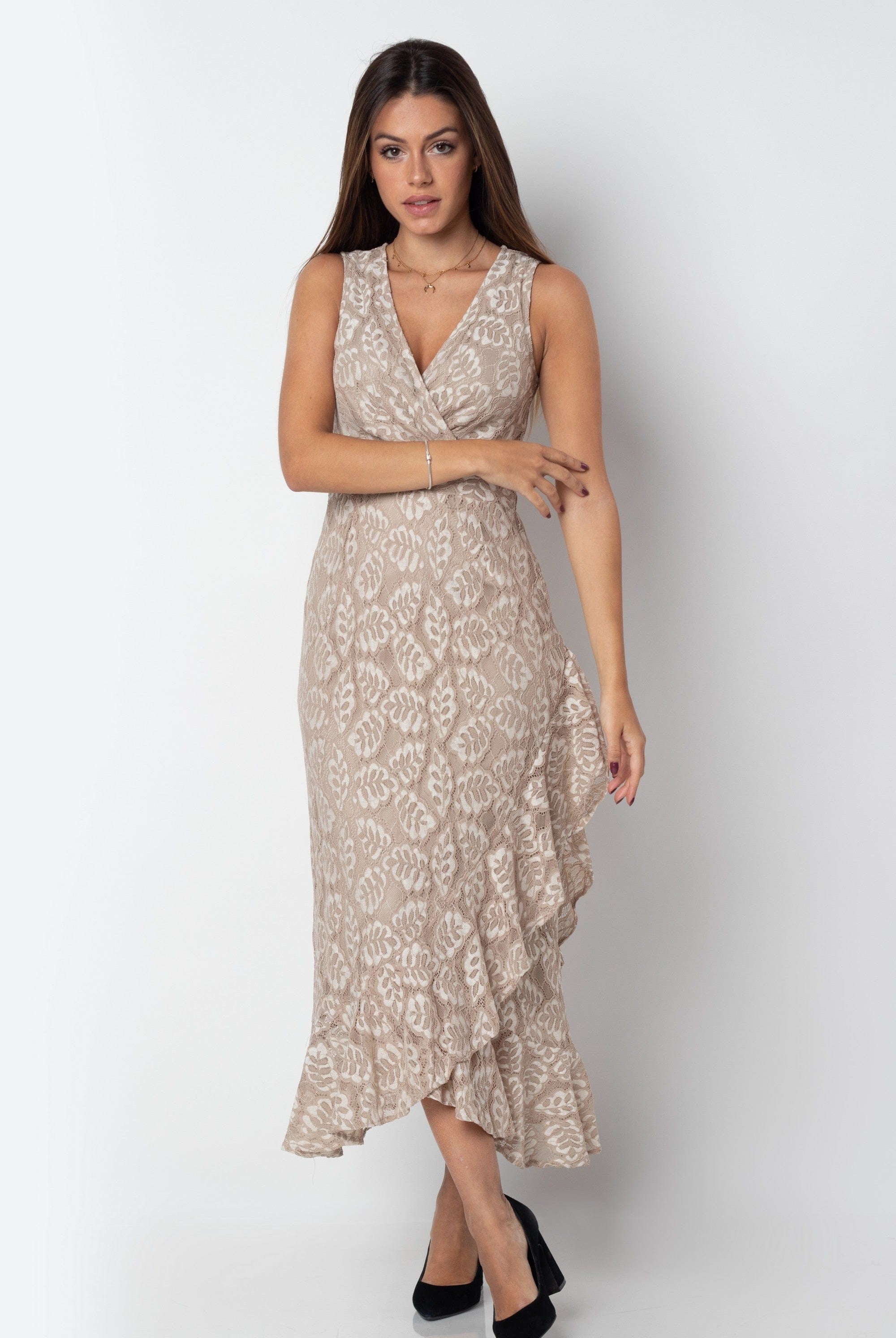 ميكا فستان ميدي ملفوف منقوش بفتحة صدر v بدون كم