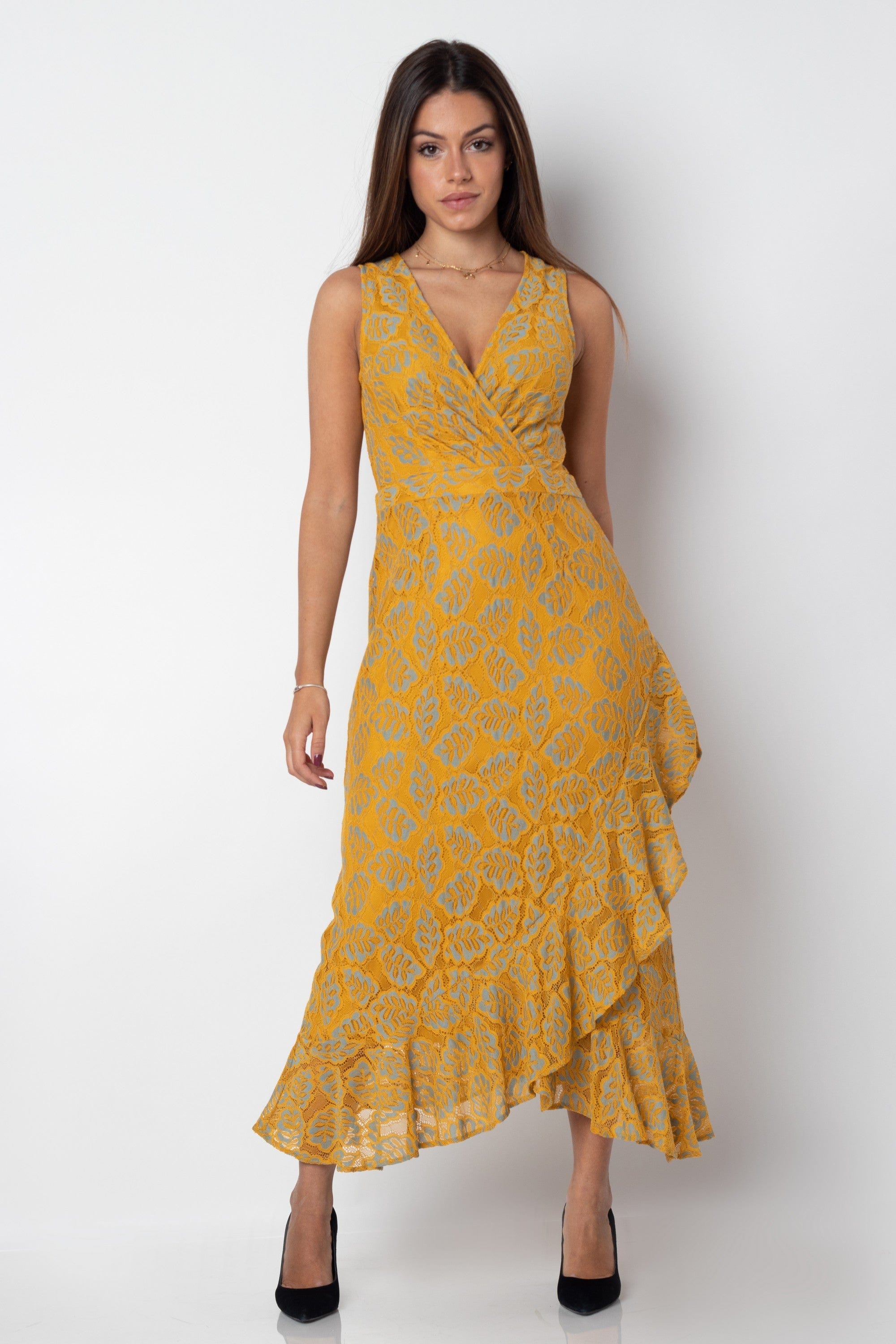 ميكا فستان ميدي ملفوف منقوش بفتحة صدر v بدون كم