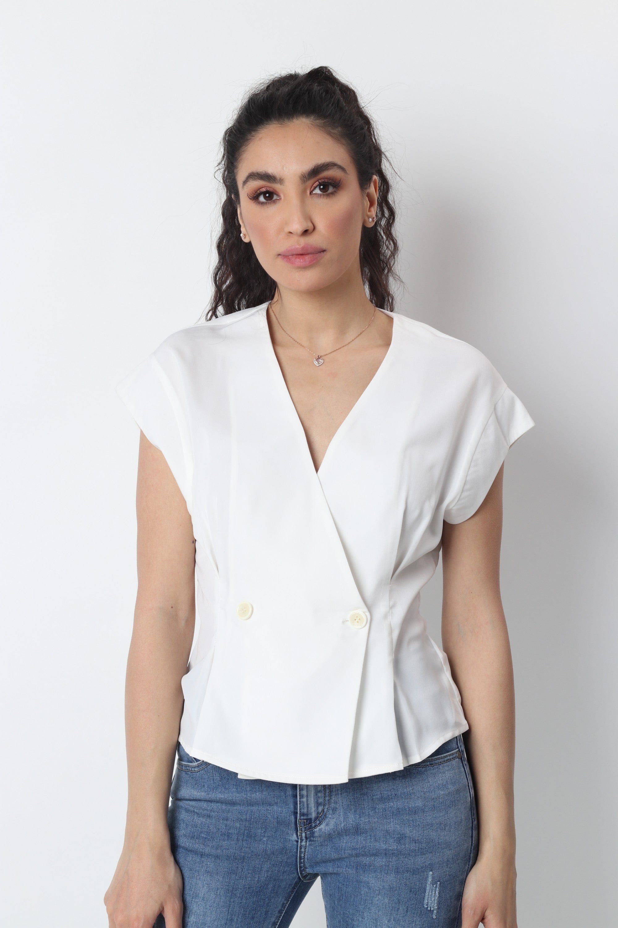 ميكا بلوزة رسمية بأزرار سبعة كم قصير نسائي