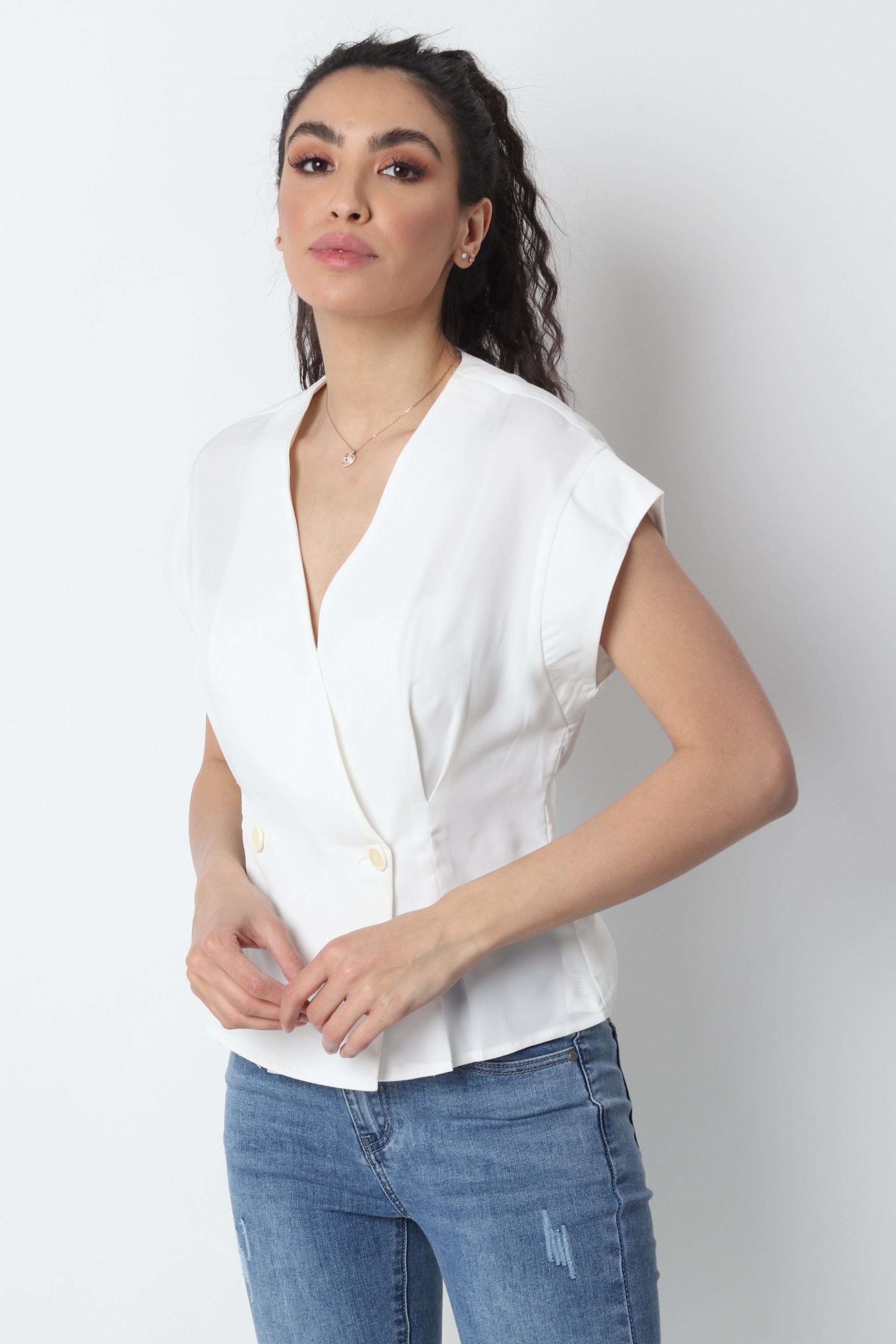 ميكا بلوزة رسمية بأزرار سبعة كم قصير نسائي