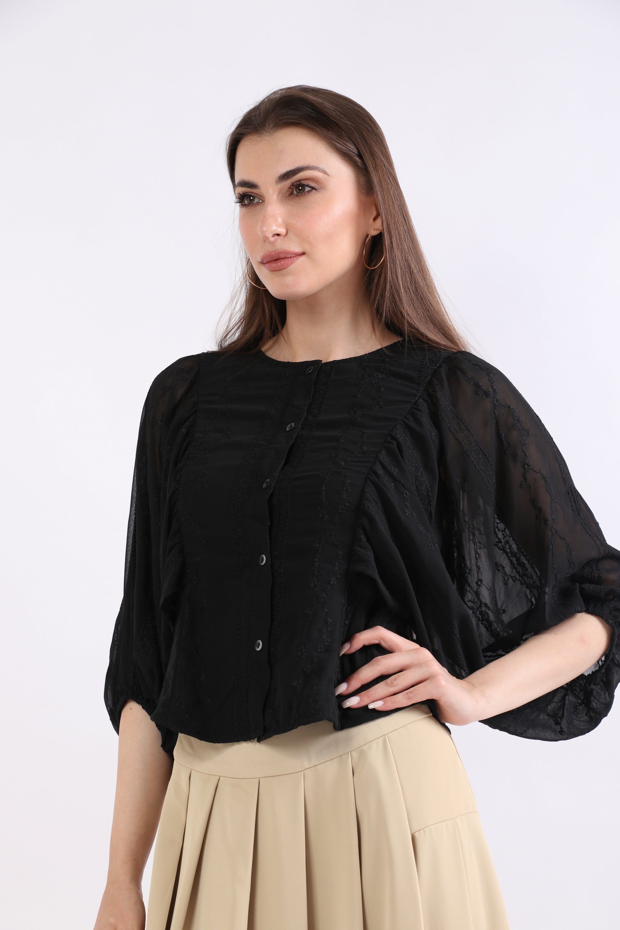 ميكا بلوزة دانتيل أوفر ساير بازرار أمامية 3/4 كم نسائي