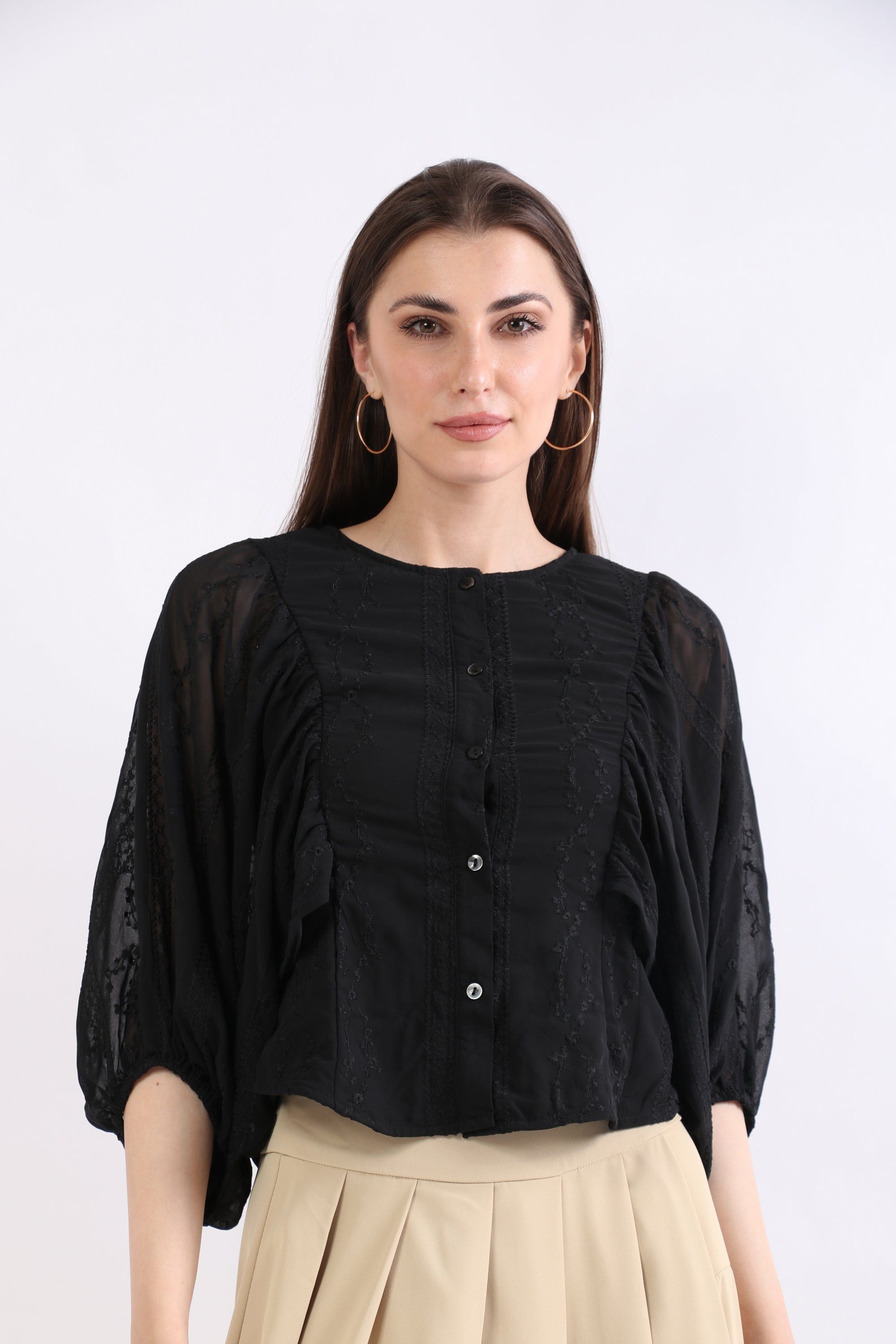 ميكا بلوزة دانتيل أوفر ساير بازرار أمامية 3/4 كم نسائي