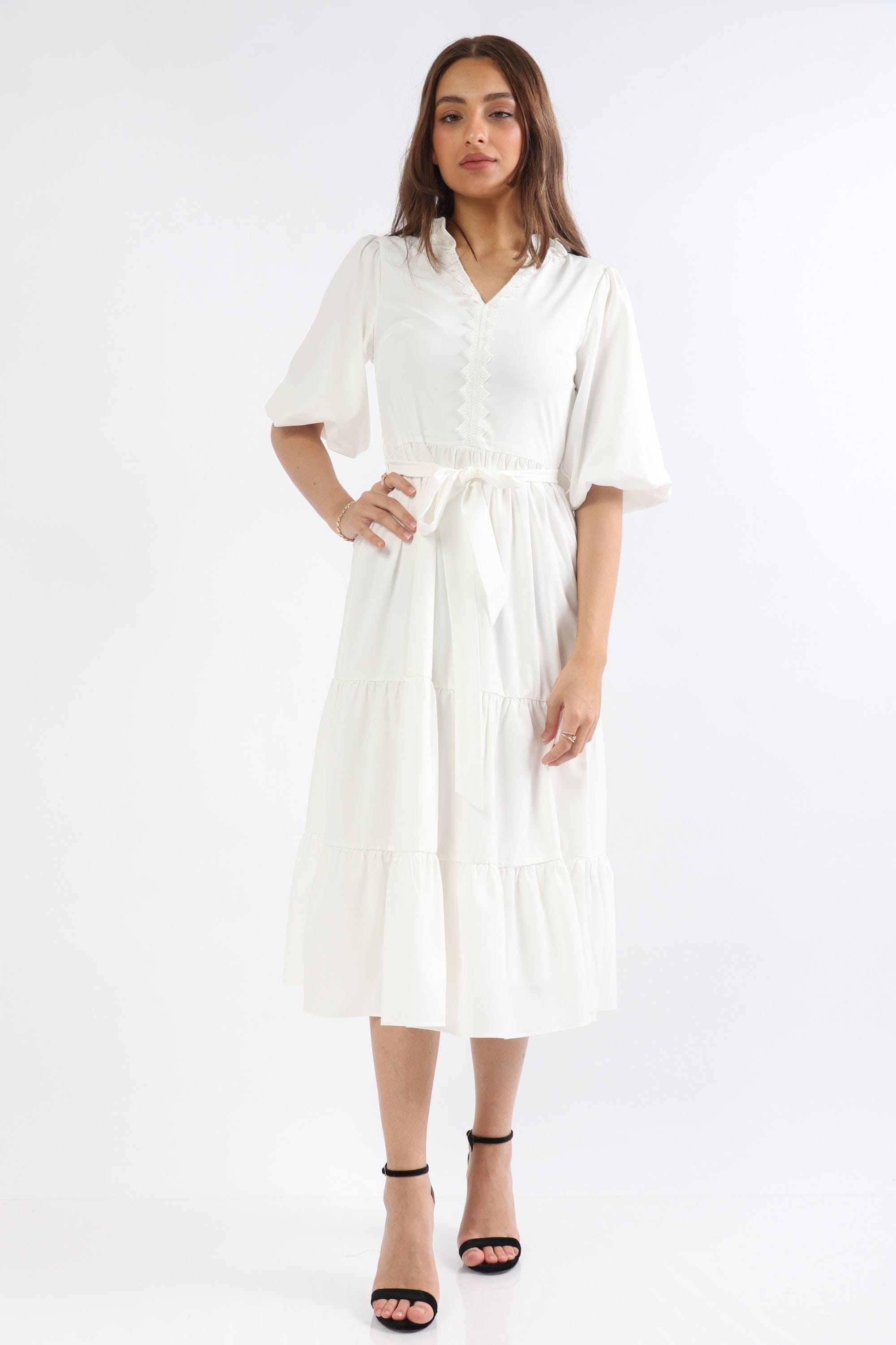 ميكا فستان ميدي كم قصير بف سادة برباط خصر