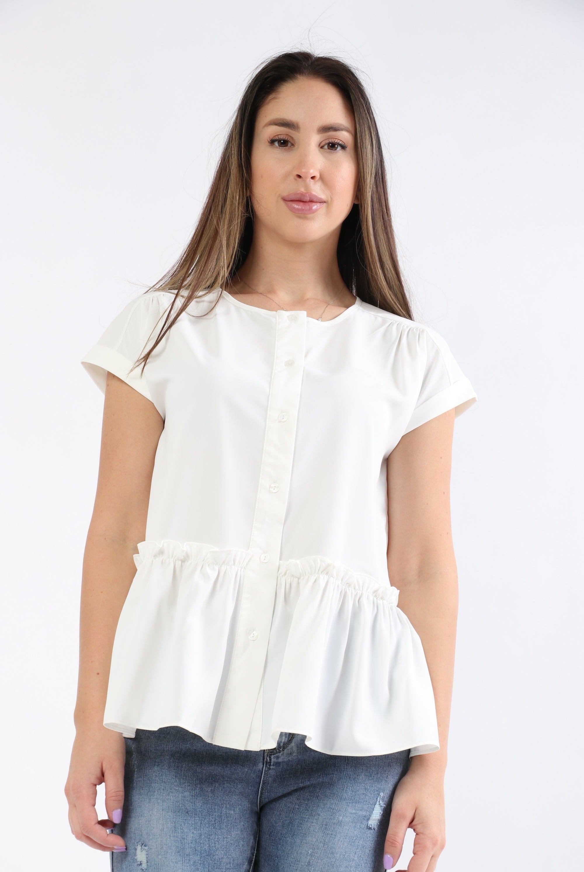 ميكا بلوزة بأكمام قصيرة سادة بكرانيش من الأسفل