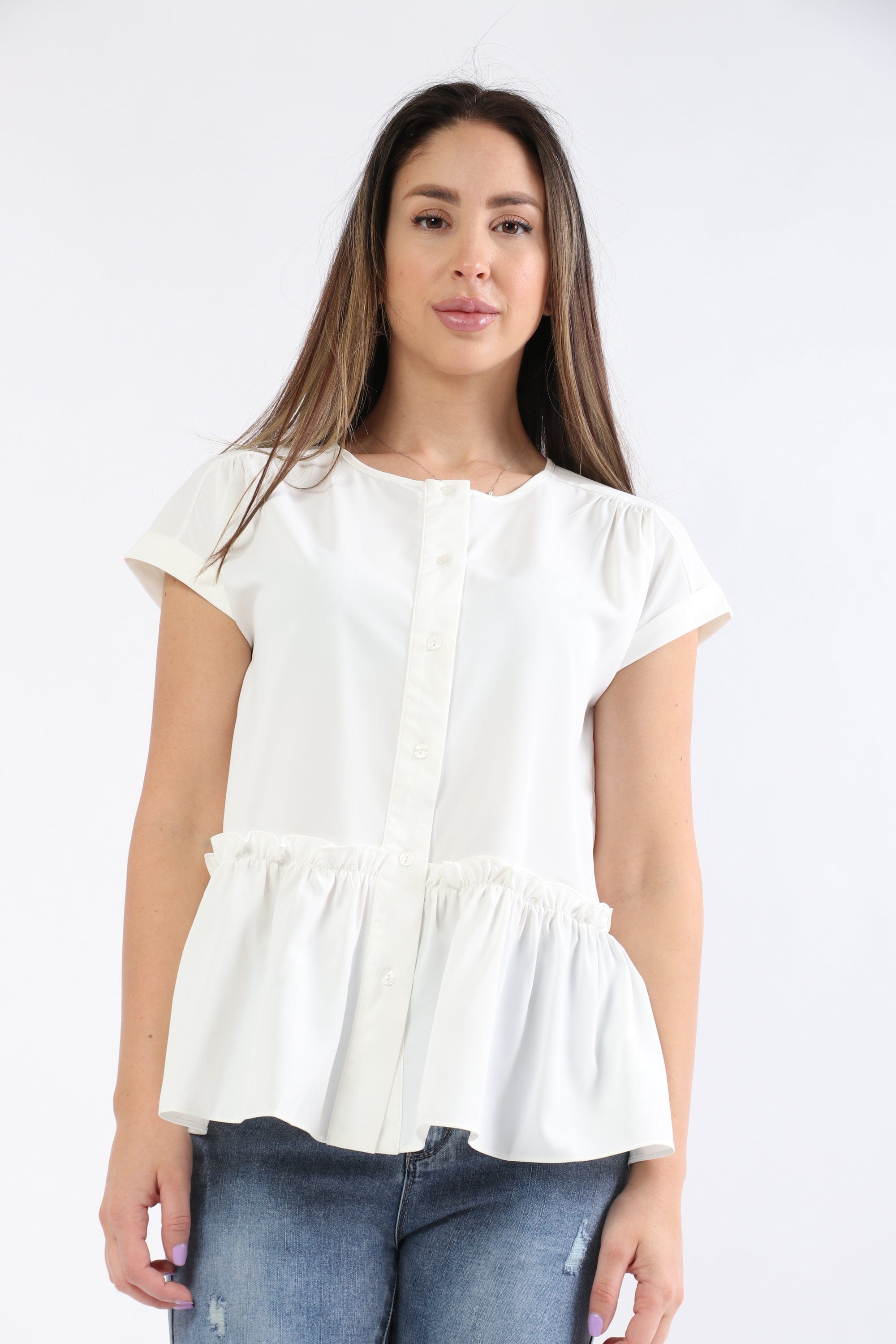 ميكا بلوزة بأكمام قصيرة سادة بكرانيش من الأسفل