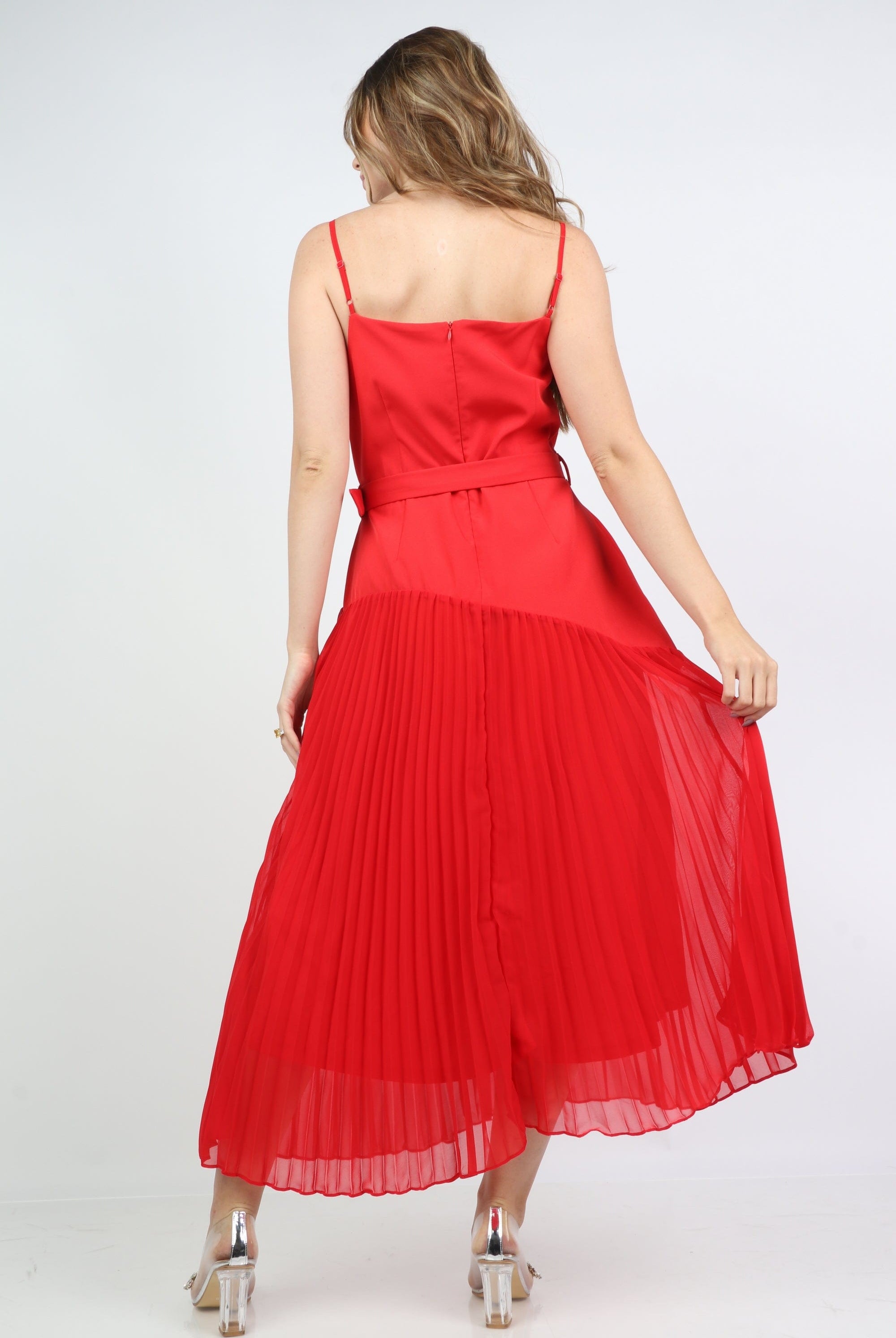 ميكا فستان ميدي بحمالات سهرة بليسيه بحزام خصر