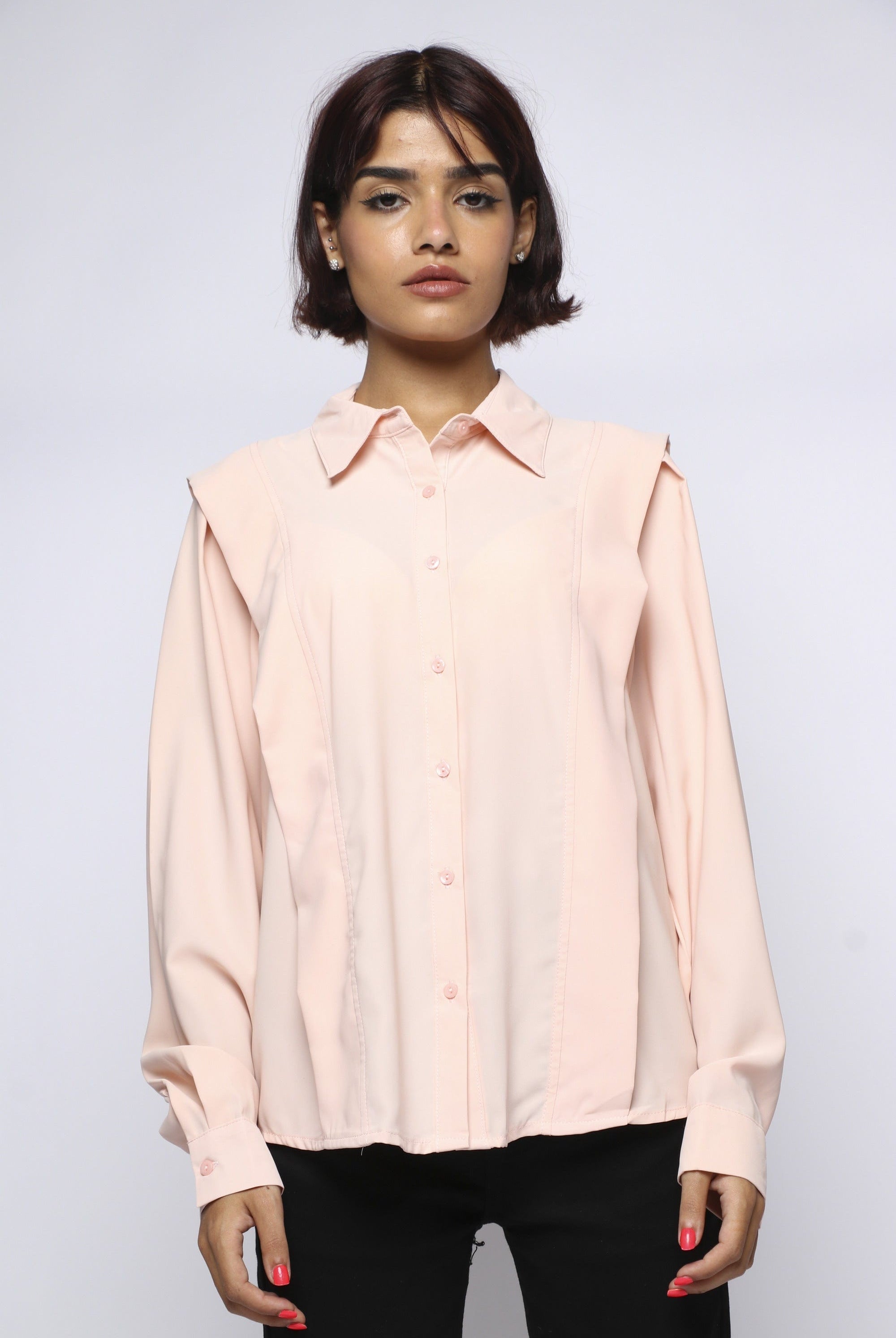 ميكا بلوزة بأكمام طويلة سادة بأزرار أمامية