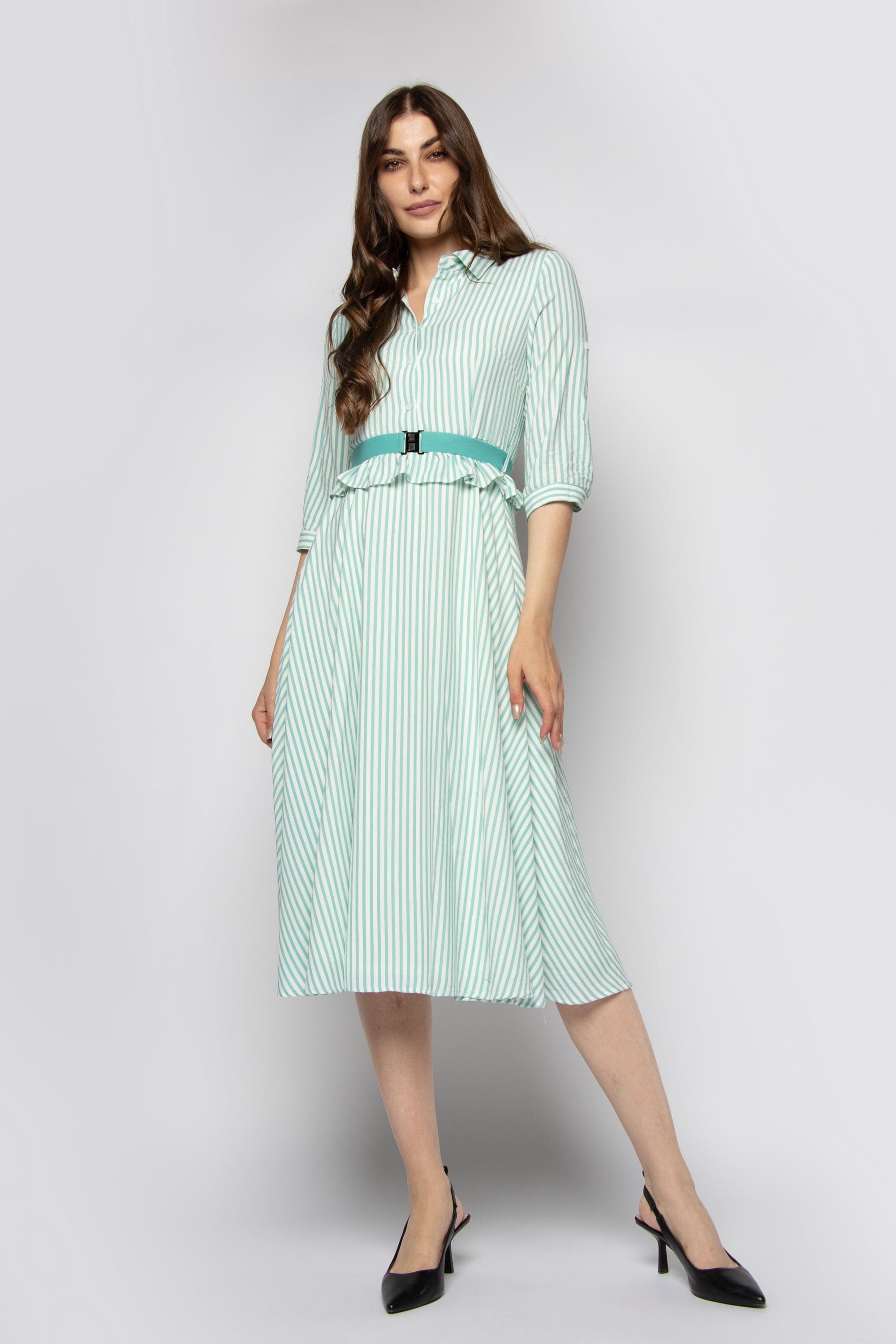 ميكا فستان ميدي مخطط بالطول مع حزام على الوسط