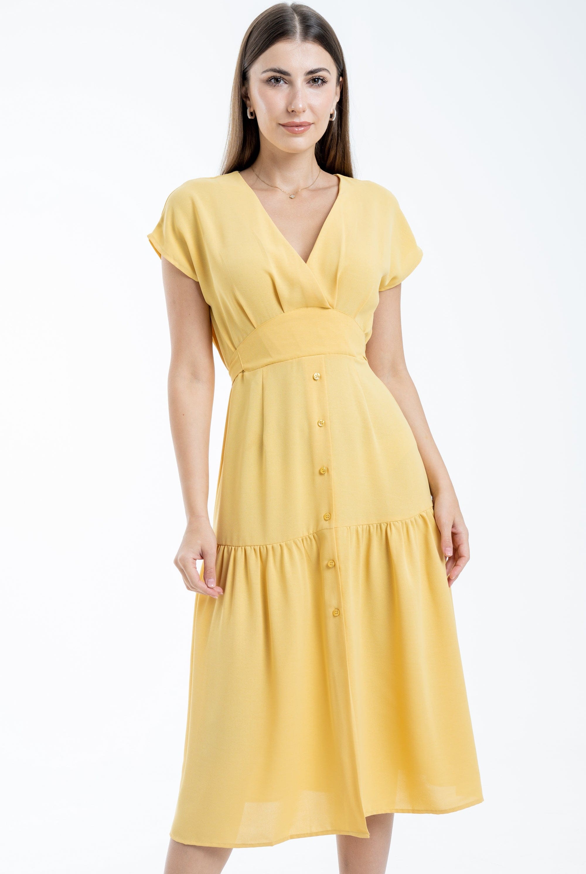 ميكا فستان ميدي مخصر أزرار أمامية مفتوح من الأمام كم قصير نسائي