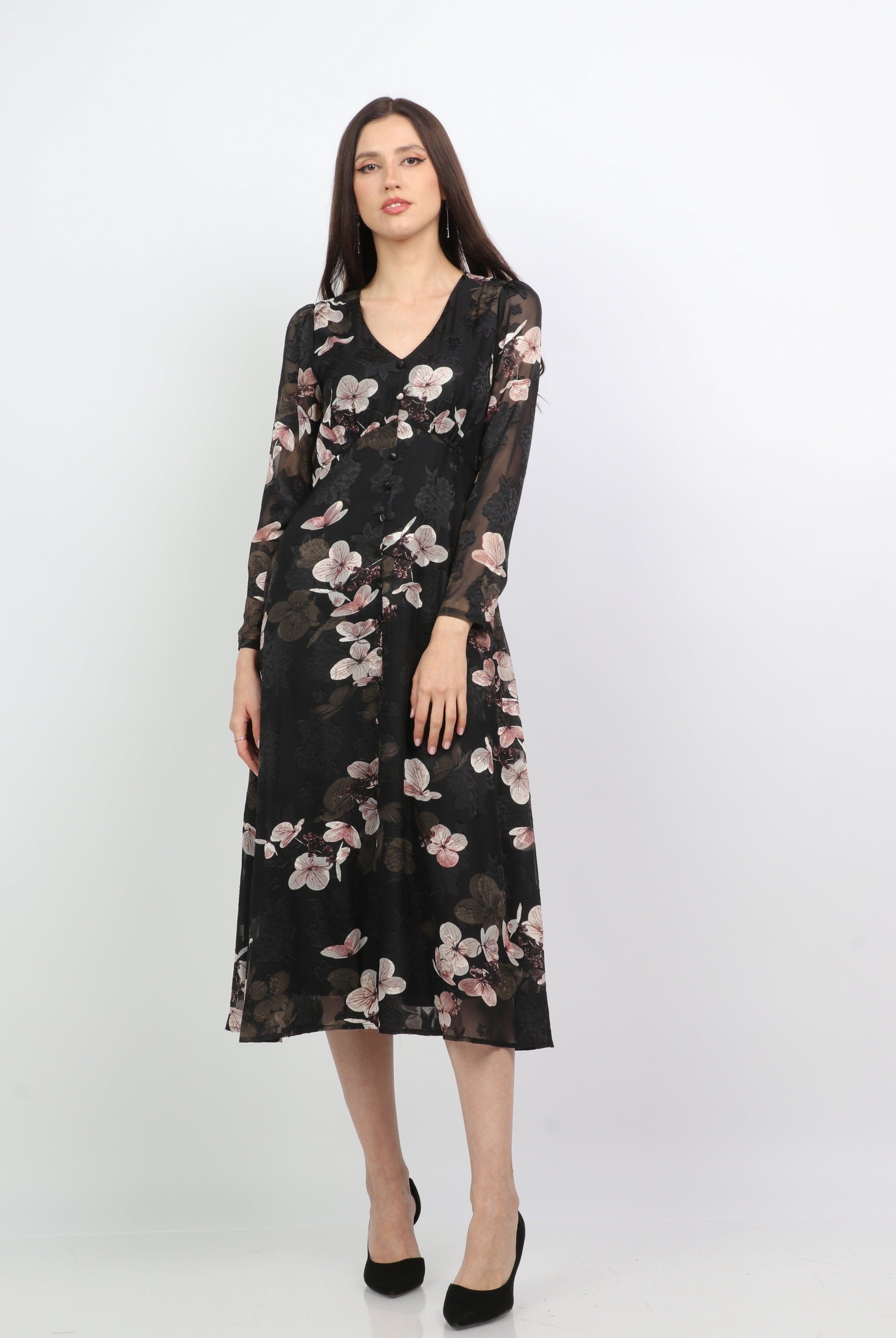 ميكا فستان ميدي مشجر فتحة عنق شكل V بأكمام طويلة