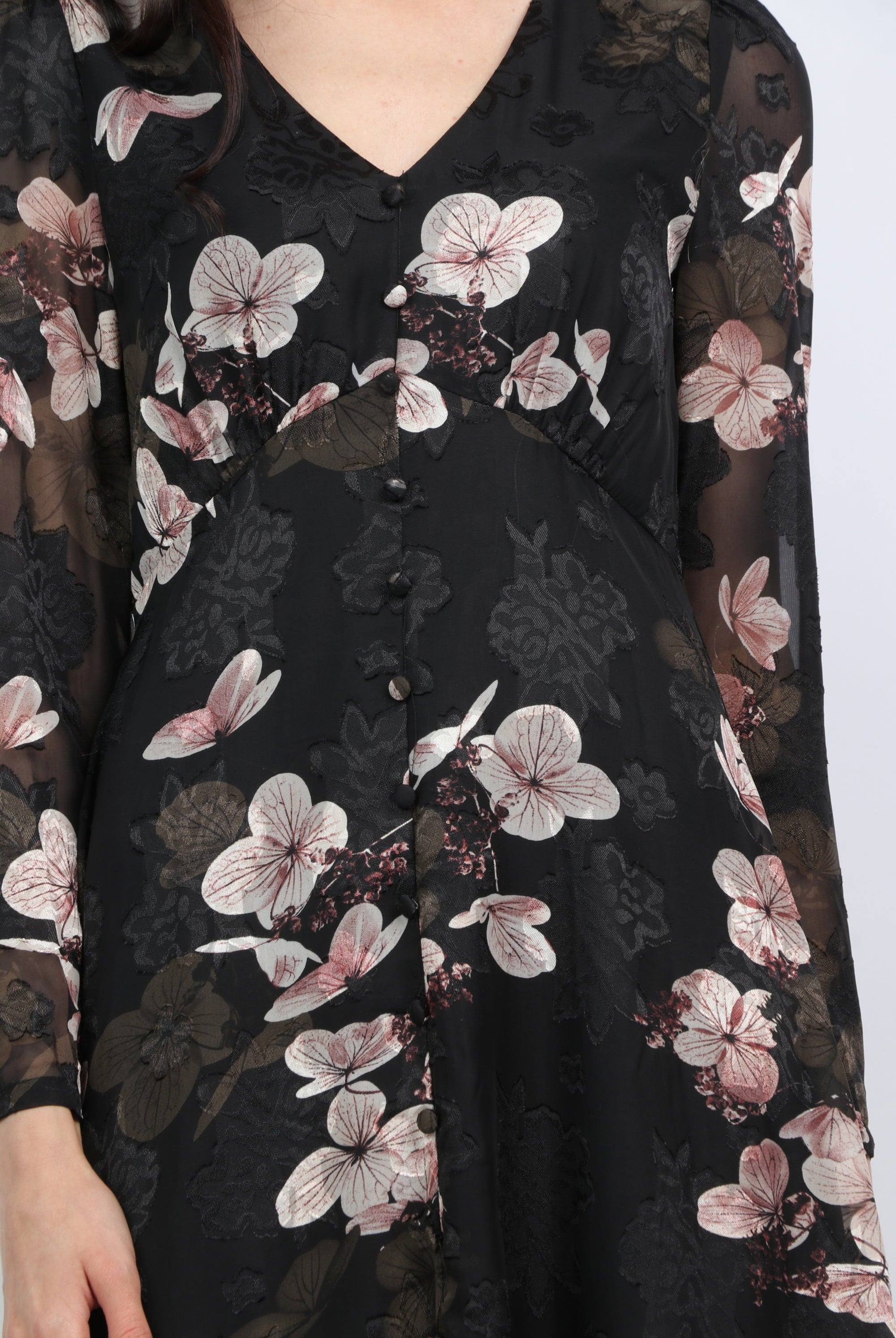 ميكا فستان ميدي مشجر فتحة عنق شكل V بأكمام طويلة