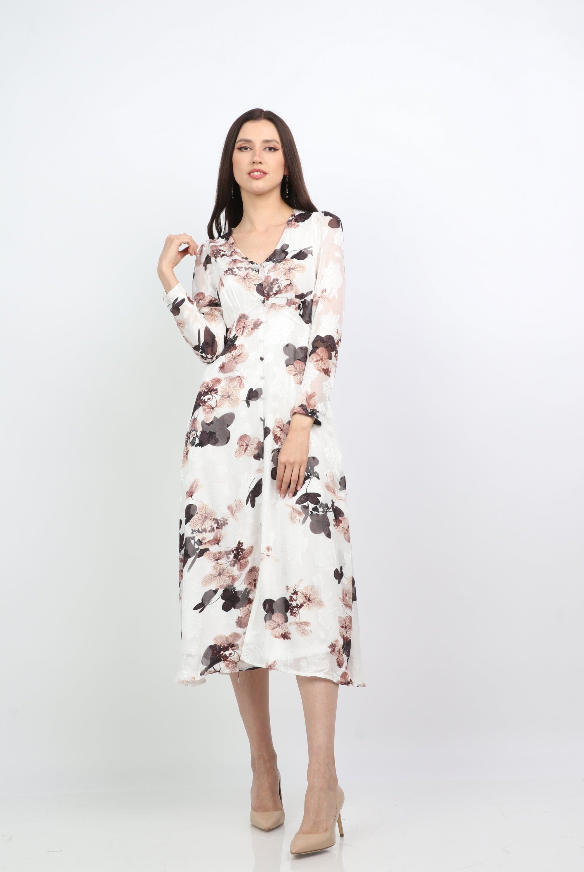 ميكا فستان ميدي مشجر فتحة عنق شكل V بأكمام طويلة