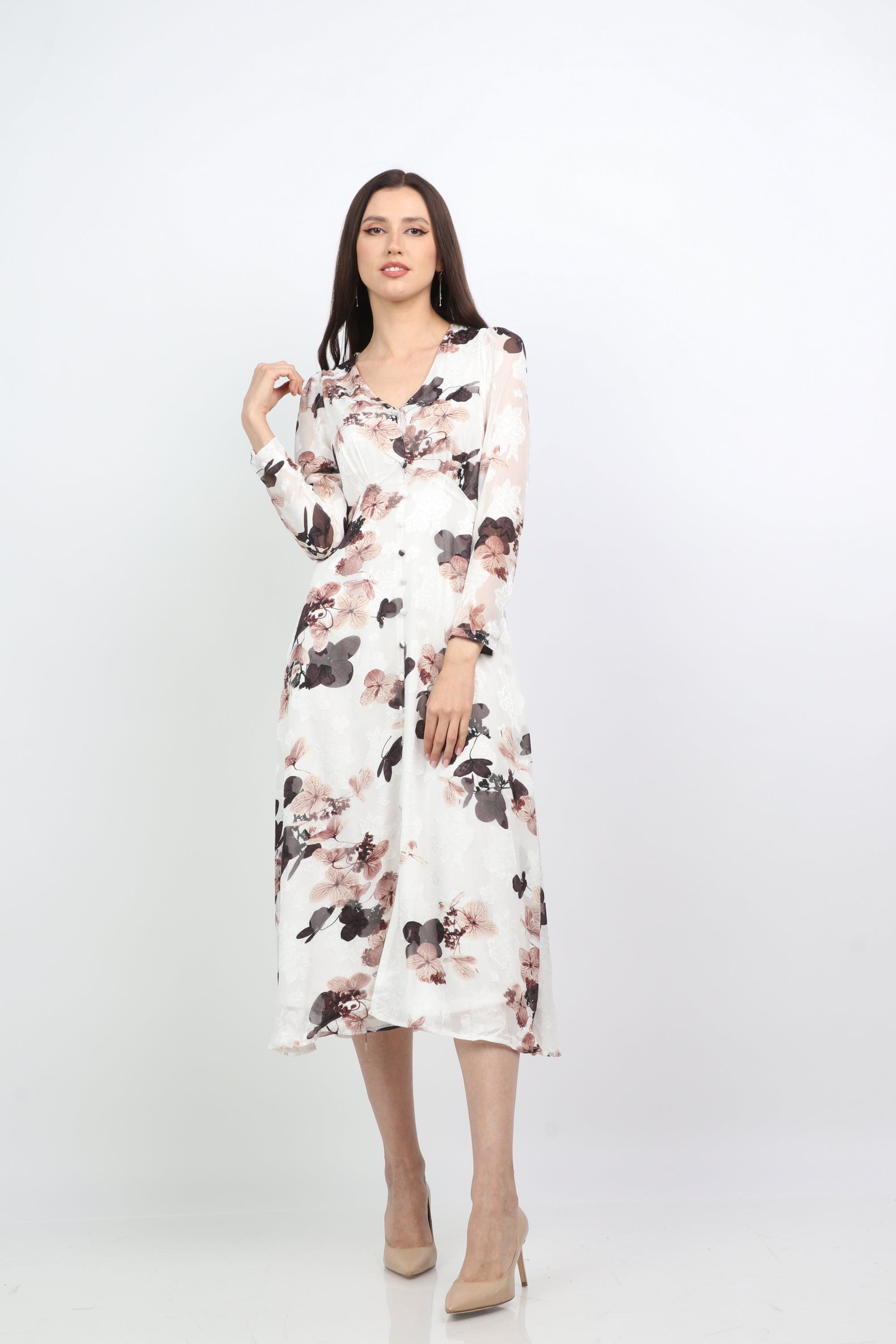 ميكا فستان ميدي مشجر فتحة عنق شكل V بأكمام طويلة