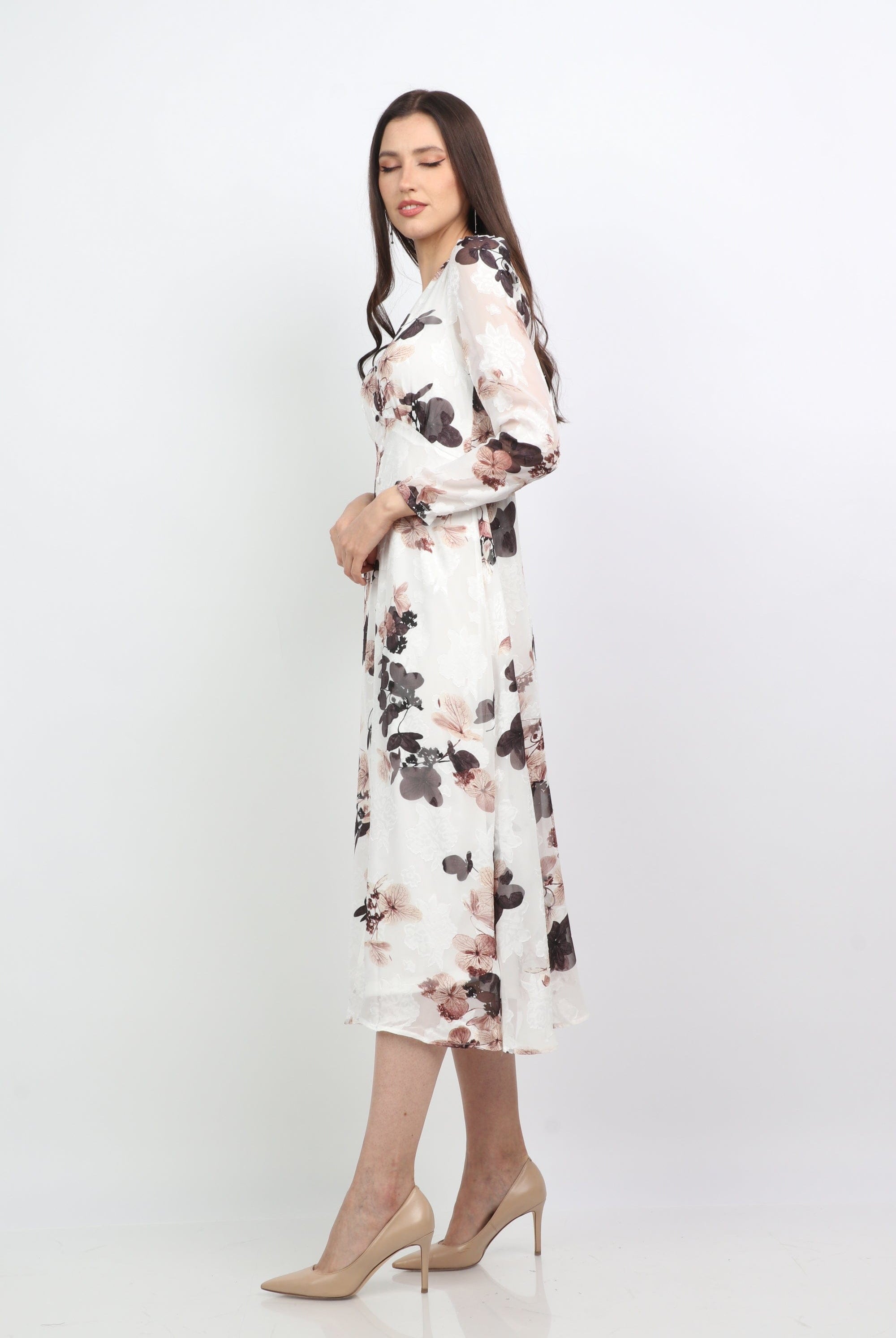 ميكا فستان ميدي مشجر فتحة عنق شكل V بأكمام طويلة