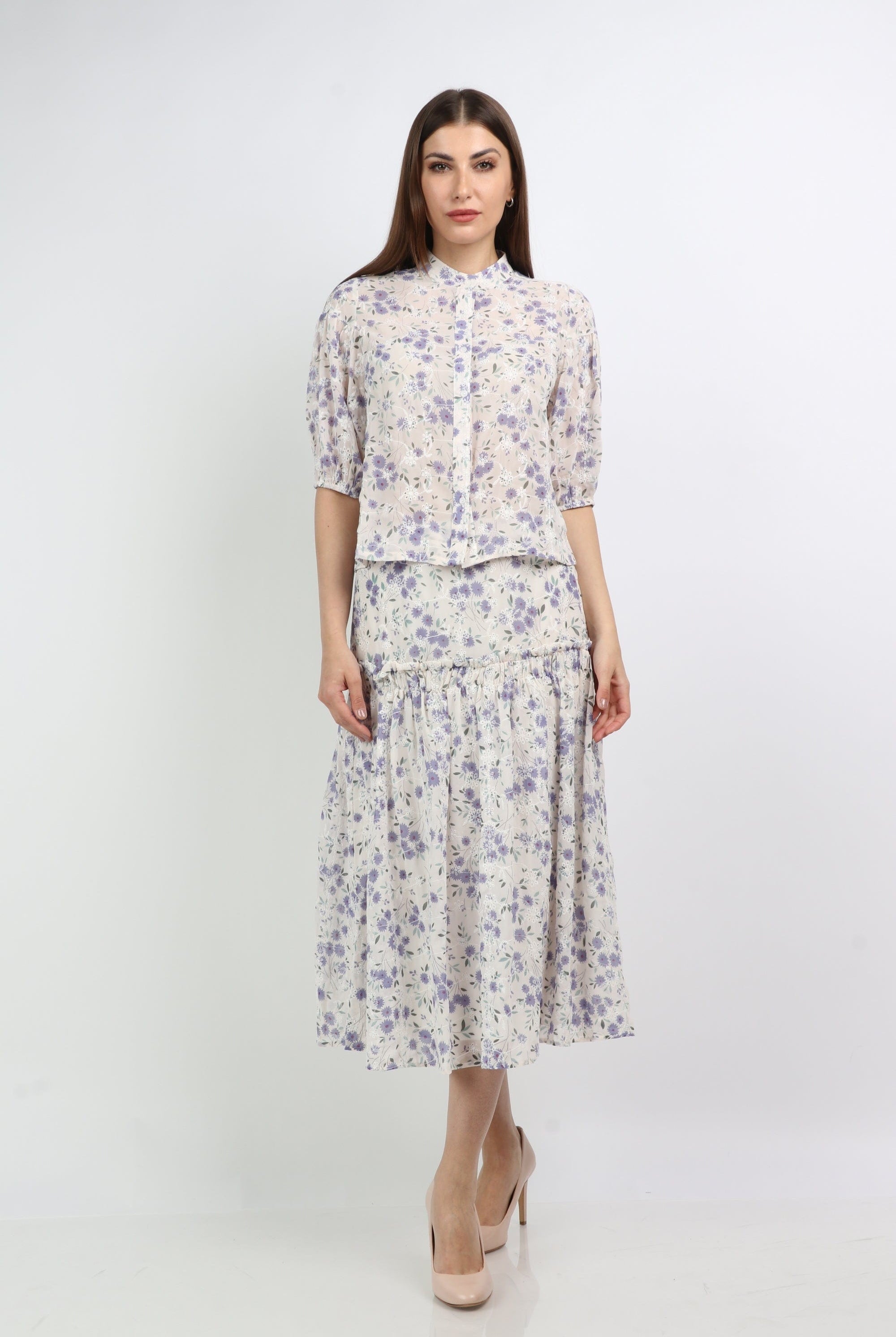 ميكا بلوزة مشجرة بياقة قصيرة نص كم منفوخ نسائية