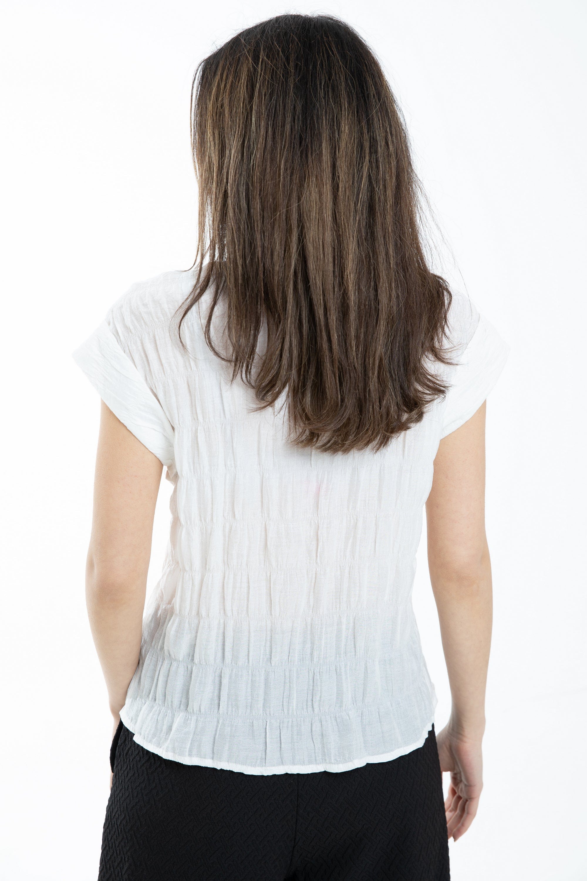 ميكا توب مخطط بالطول كم قصير نسائي أوف وايت