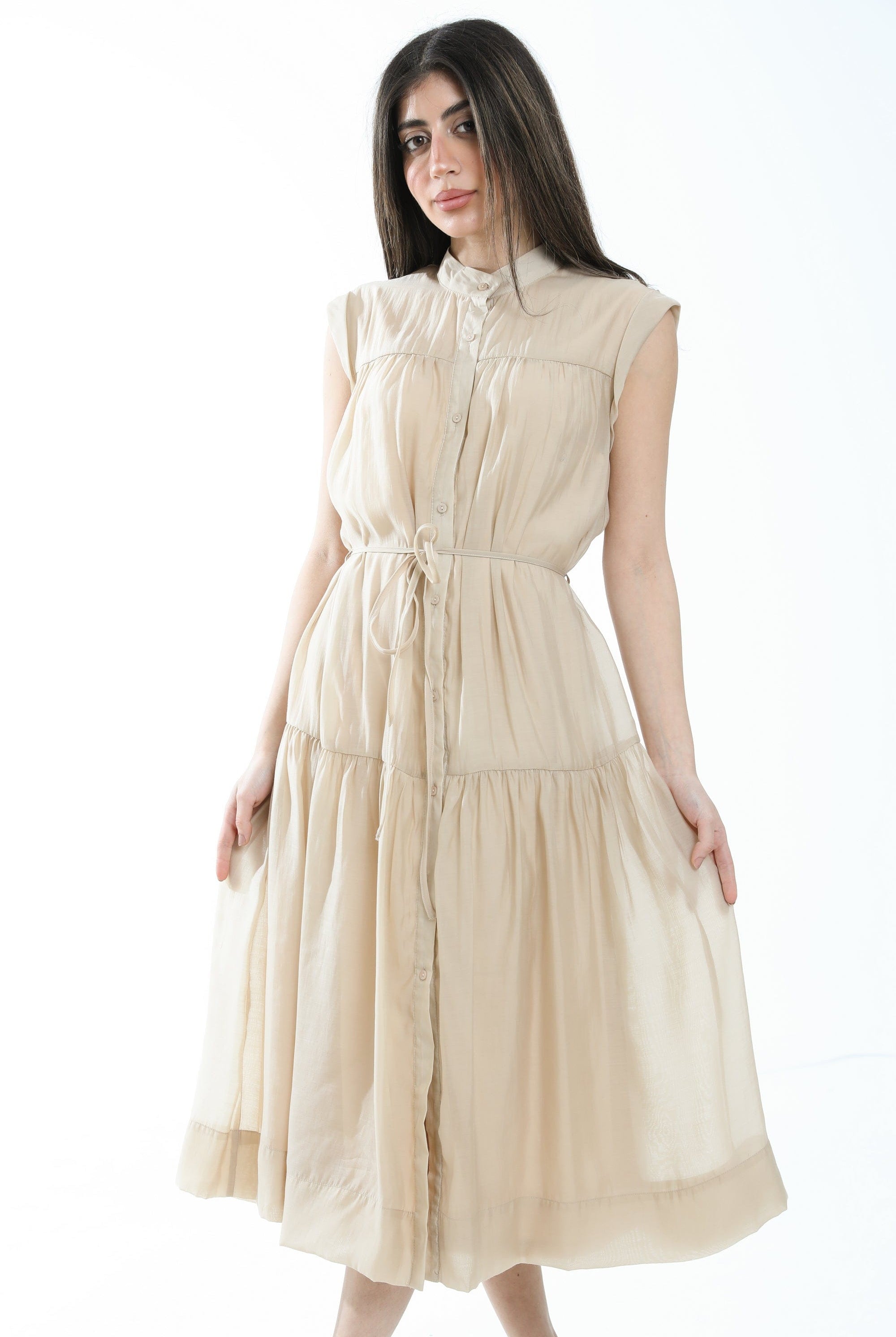 ميكا فستان ميدي سادة بأزرار أمامية كم قصير نسائي