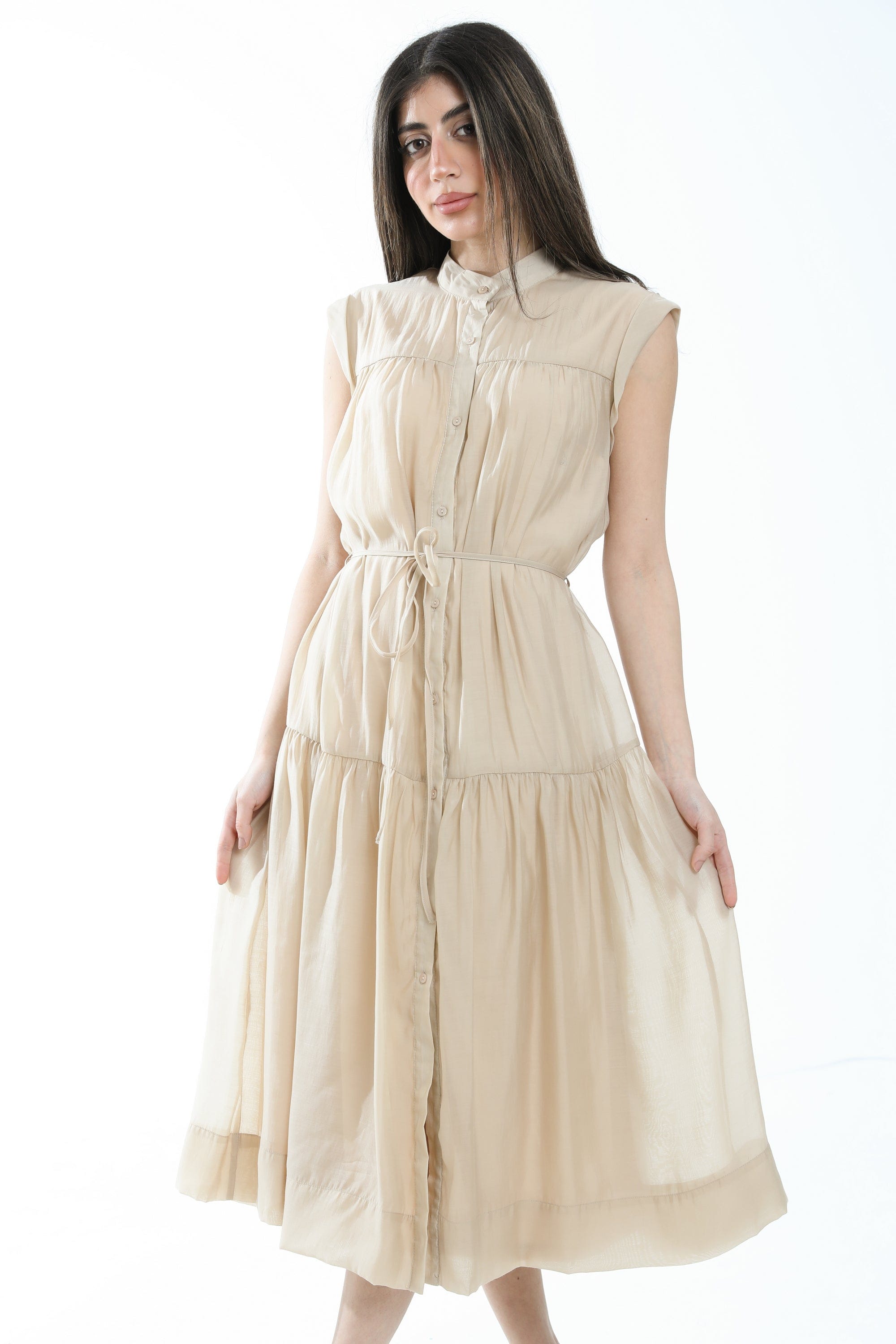 ميكا فستان ميدي سادة بأزرار أمامية كم قصير نسائي